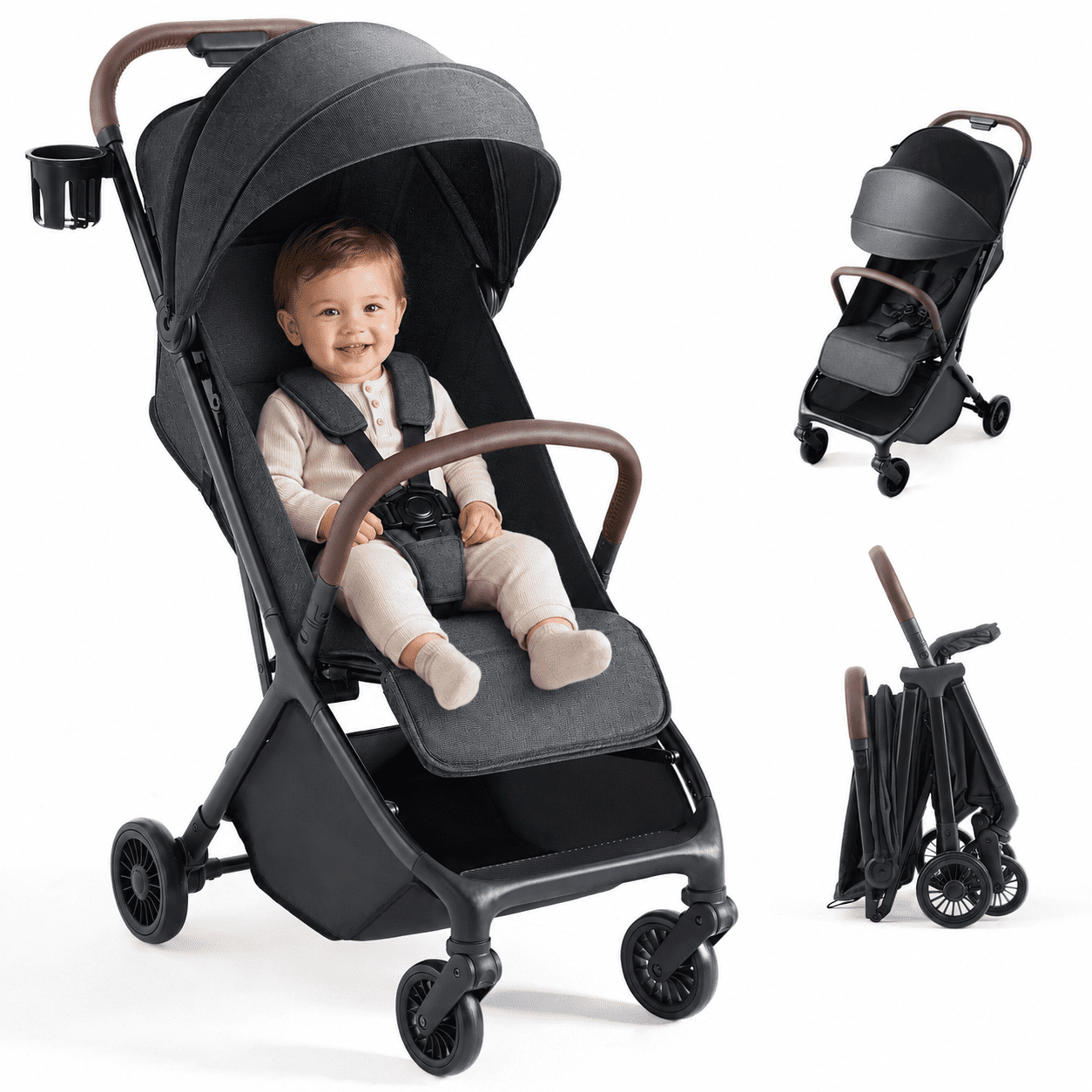 HARPPA Lightweight Travel Stroller for Toddler, One-Hand Fold & Self-Standing, 15.4 lbs, Black