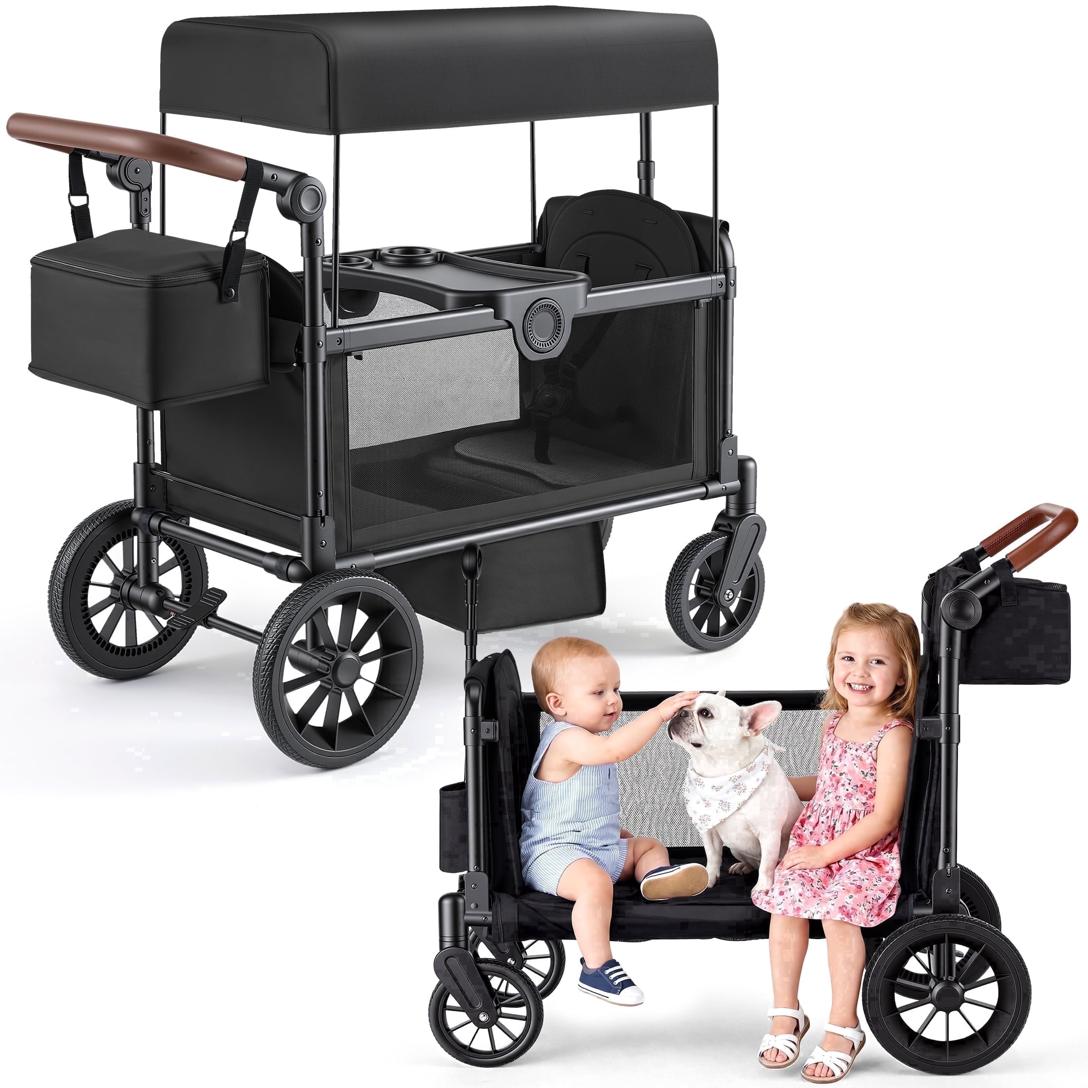 HARPPA Stroller Wagon for 2 Kids, Foldable Wagon Stroller with 5-Point Harness, Bench Seat, Outdoor Toddler Stroller, Black