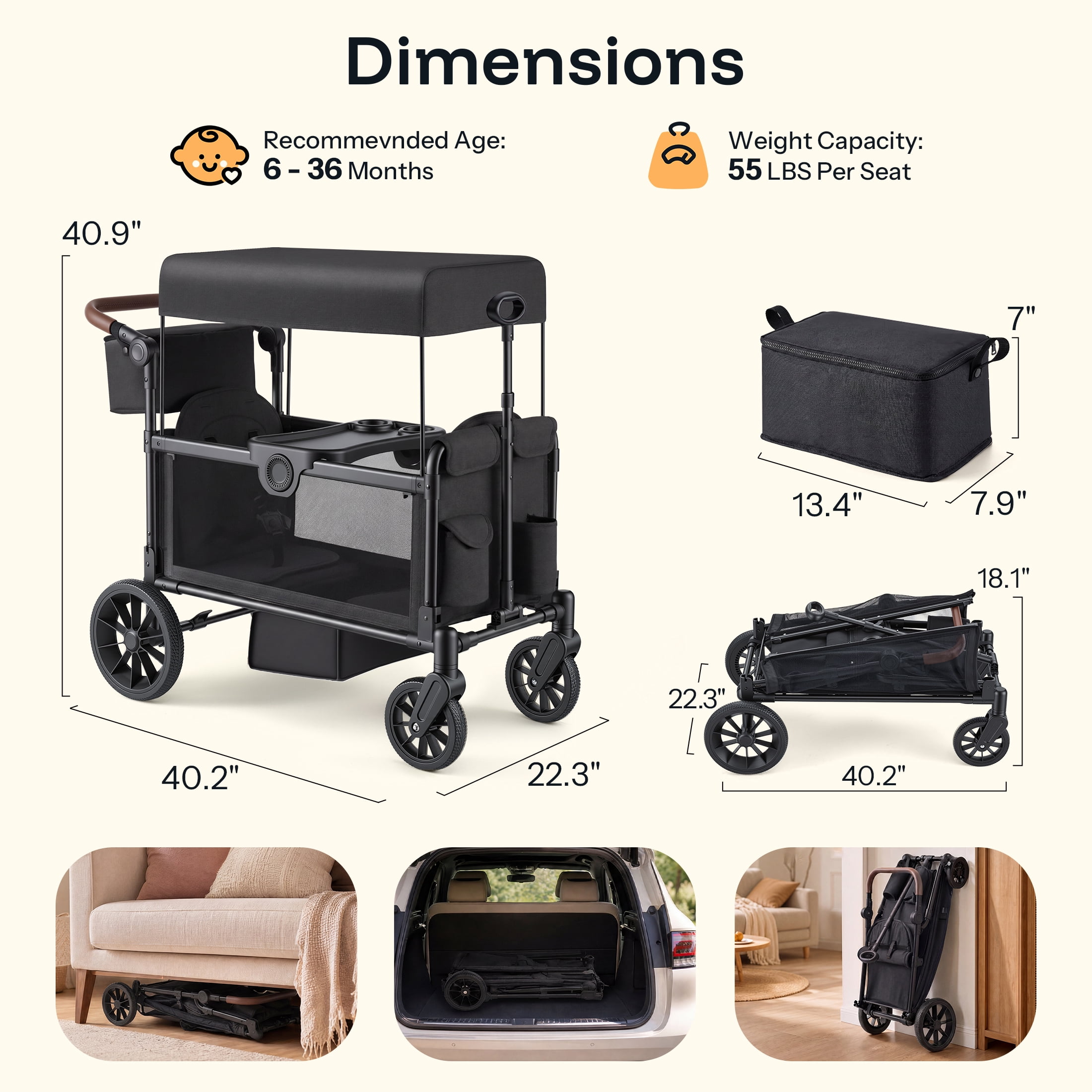 HARPPA Stroller Wagon for 2 Kids, Foldable Wagon Stroller with 5-Point Harness, Bench Seat, Outdoor Toddler Stroller, Black - Image 3