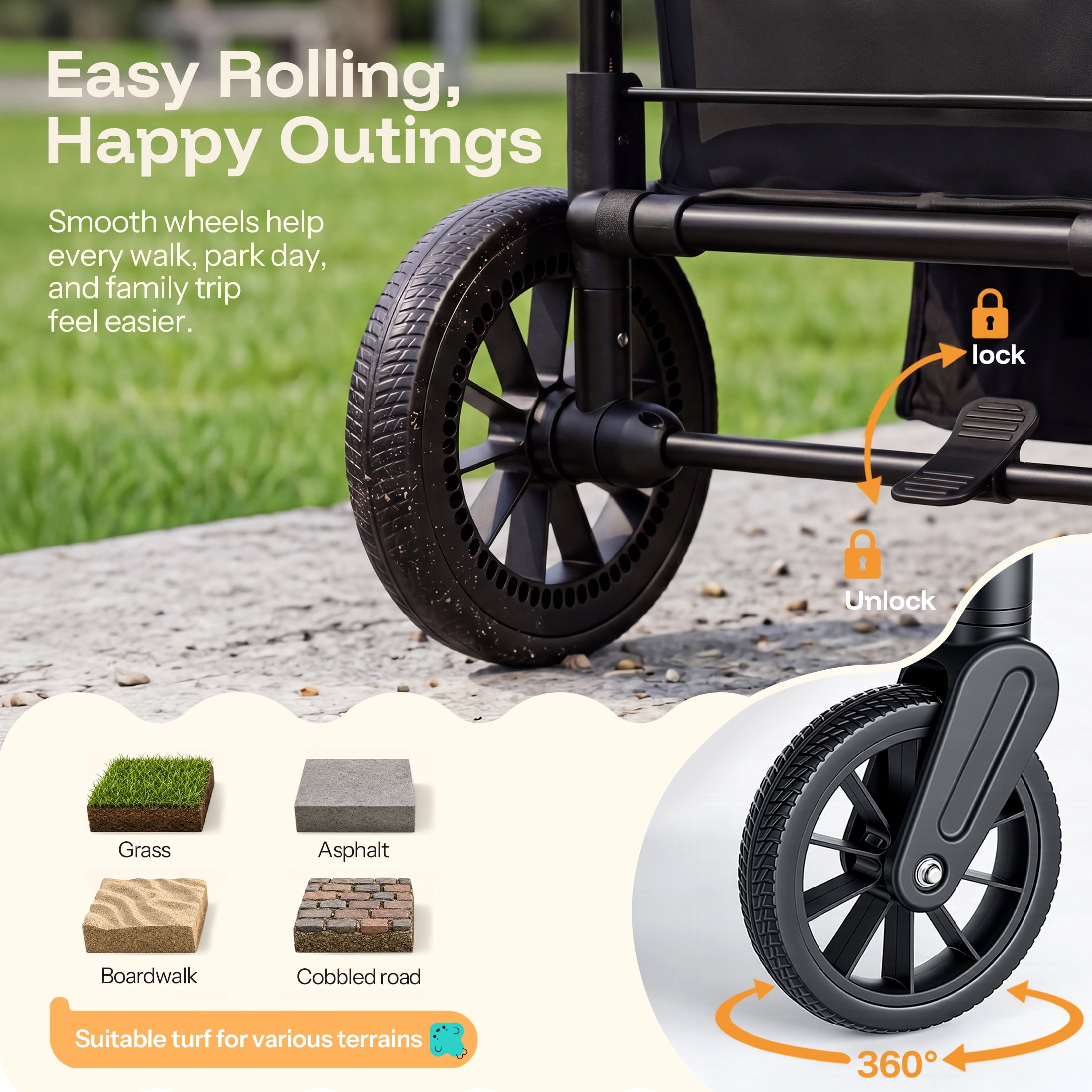 HARPPA Stroller Wagon for 2 Kids, Foldable Wagon Stroller with 5-Point Harness, Bench Seat, Outdoor Toddler Stroller, Black - Image 5