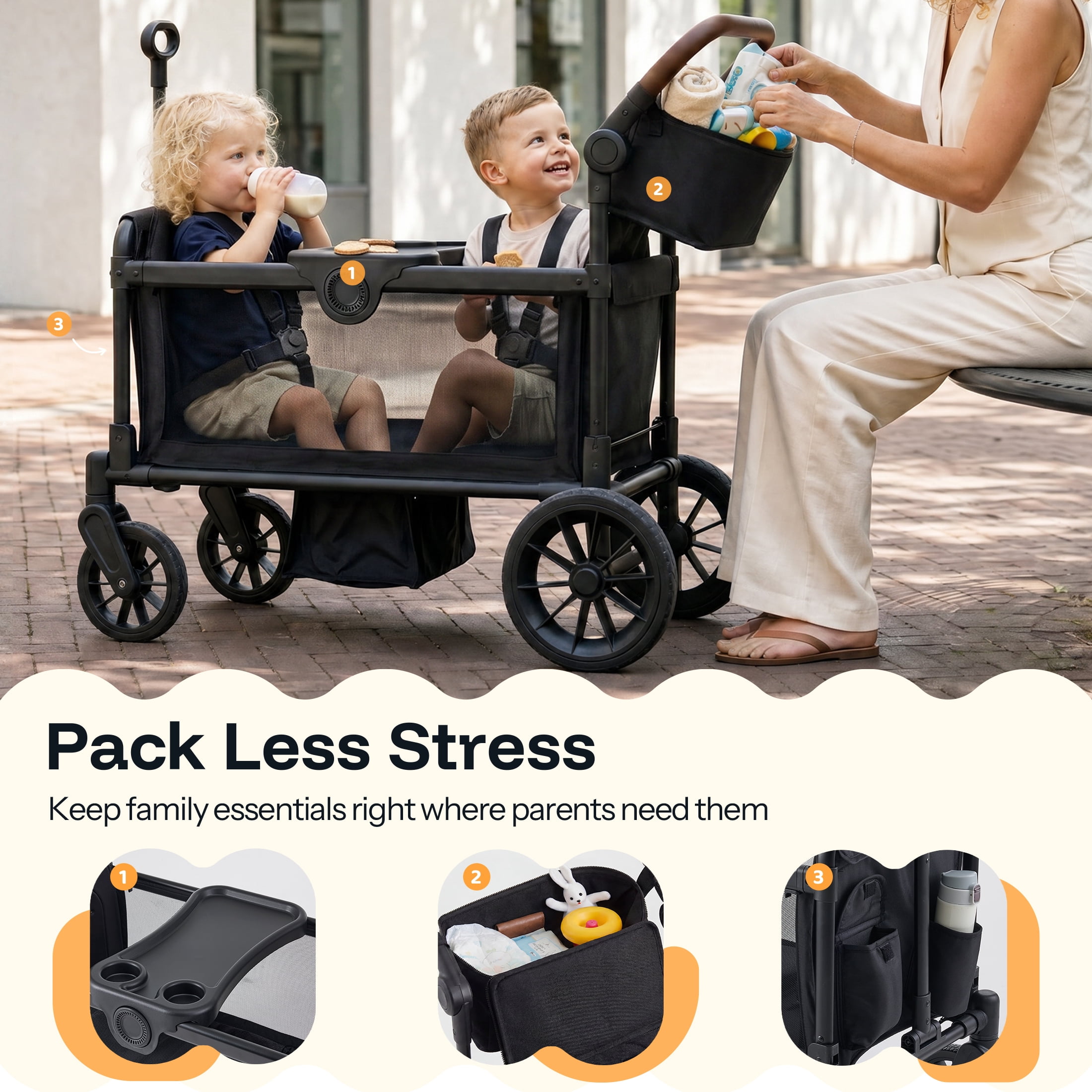 HARPPA Wagon Stroller for 2 Kids with 5-Point Harness, Bench Seat, Outdoor Toddler Stroller, Black - Image 2