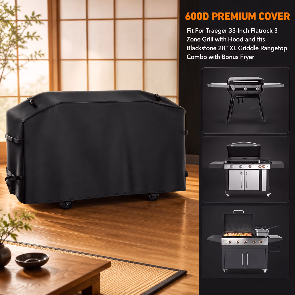 Heavy Duty 600D Polyester Grill Cover for Flatrock 3 Zone, Compatible with Traeger 33-inch and Blackstone 28-inch Grills - Image 4