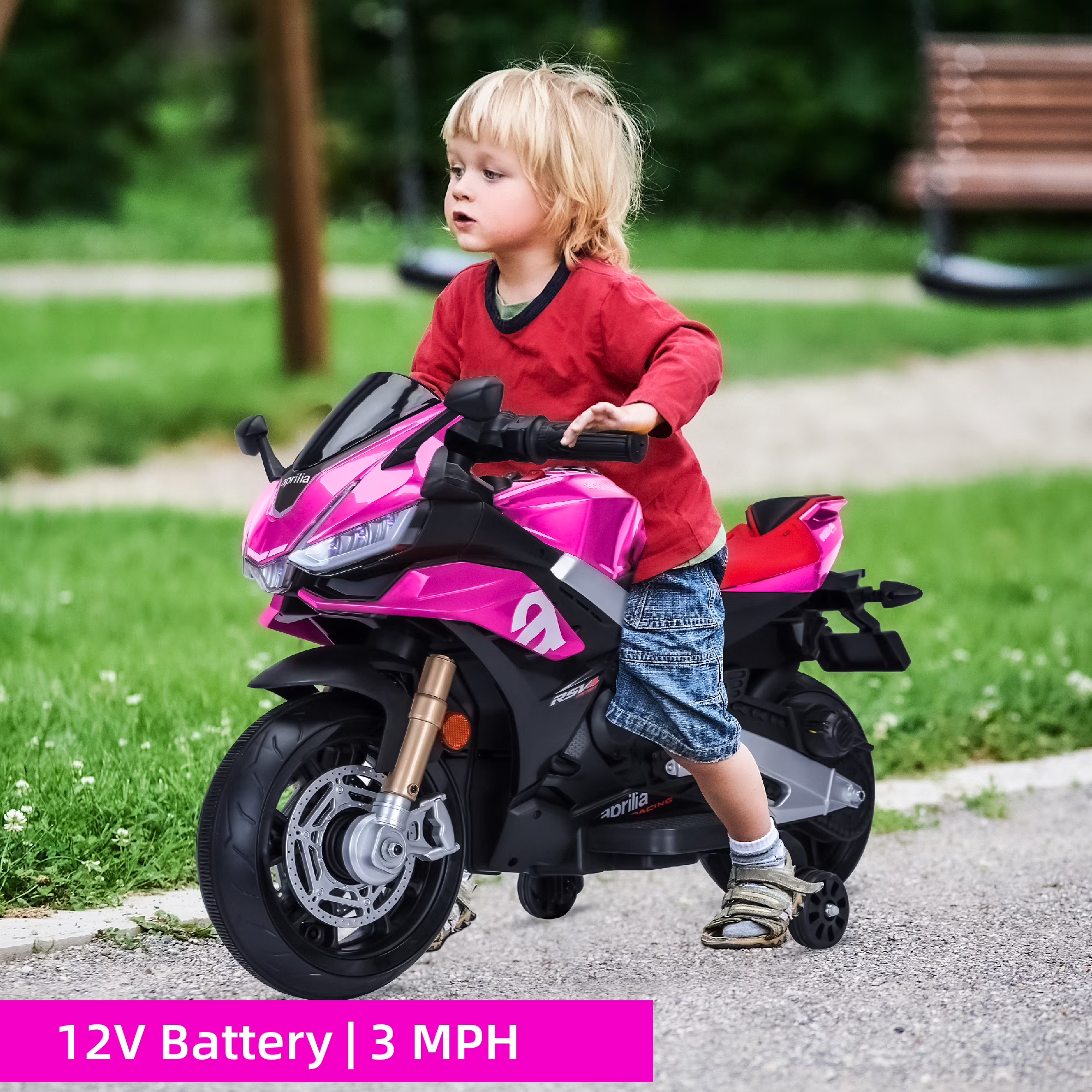 HEIMILI Girl Pink 12V Ride on Motorcycle Auxiliary Wheels Aprilia Motorbike 3mph for Kids w/Bluetooth LED Lights - Image 5