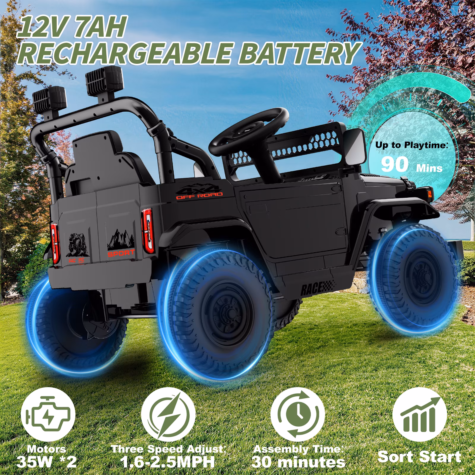 HHVEL 12V 7Ah Power-Wheels Jeep, Ride on Cars with Remote Control for Boys, 3 Speeds, Electric Cars for Kids 3-5, Spring Suspension, Bluetooth Music & LED Lights, Black - Image 3