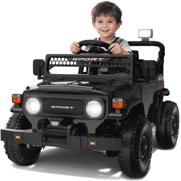 HHVEL 12V 7Ah Power-Wheels Jeep, Ride on Cars with Remote Control for Boys, 3 Speeds, Electric Cars for Kids 3-5, Spring Suspension, Bluetooth Music & LED Lights, Black