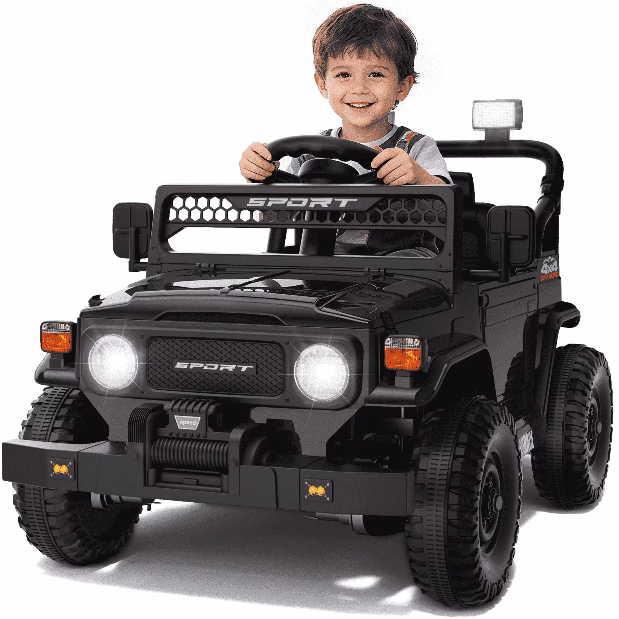 HHVEL 12V 7Ah Power-Wheels Jeep, Ride on Cars with Remote Control for Boys, 3 Speeds, Electric Cars for Kids 3-5, Spring Suspension, Bluetooth Music & LED Lights, Black
