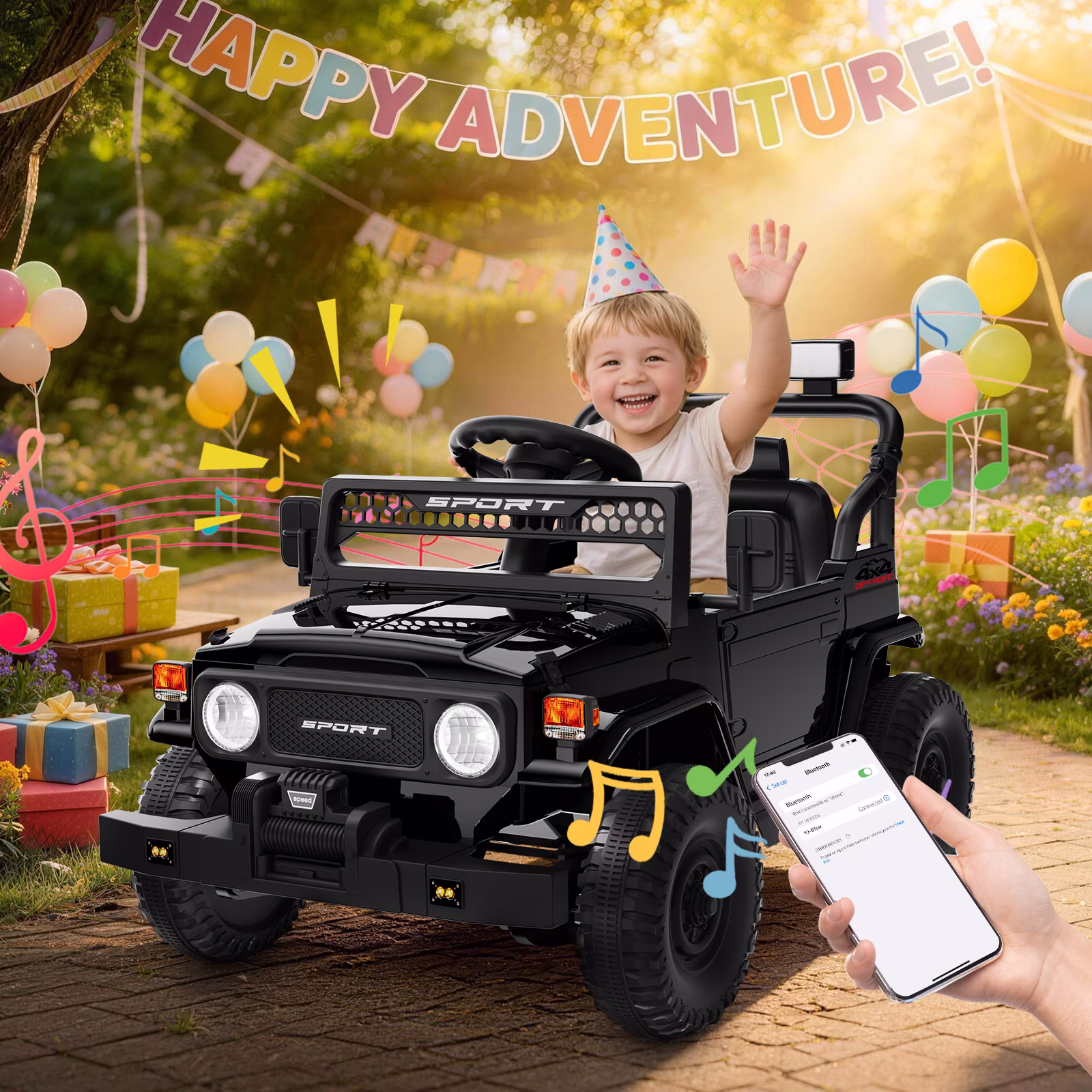 HHVEL 12V 7Ah Power-Wheels Jeep, Ride on Cars with Remote Control for Boys, 3 Speeds, Electric Cars for Kids 3-5, Spring Suspension, Bluetooth Music & LED Lights, Black - Image 4
