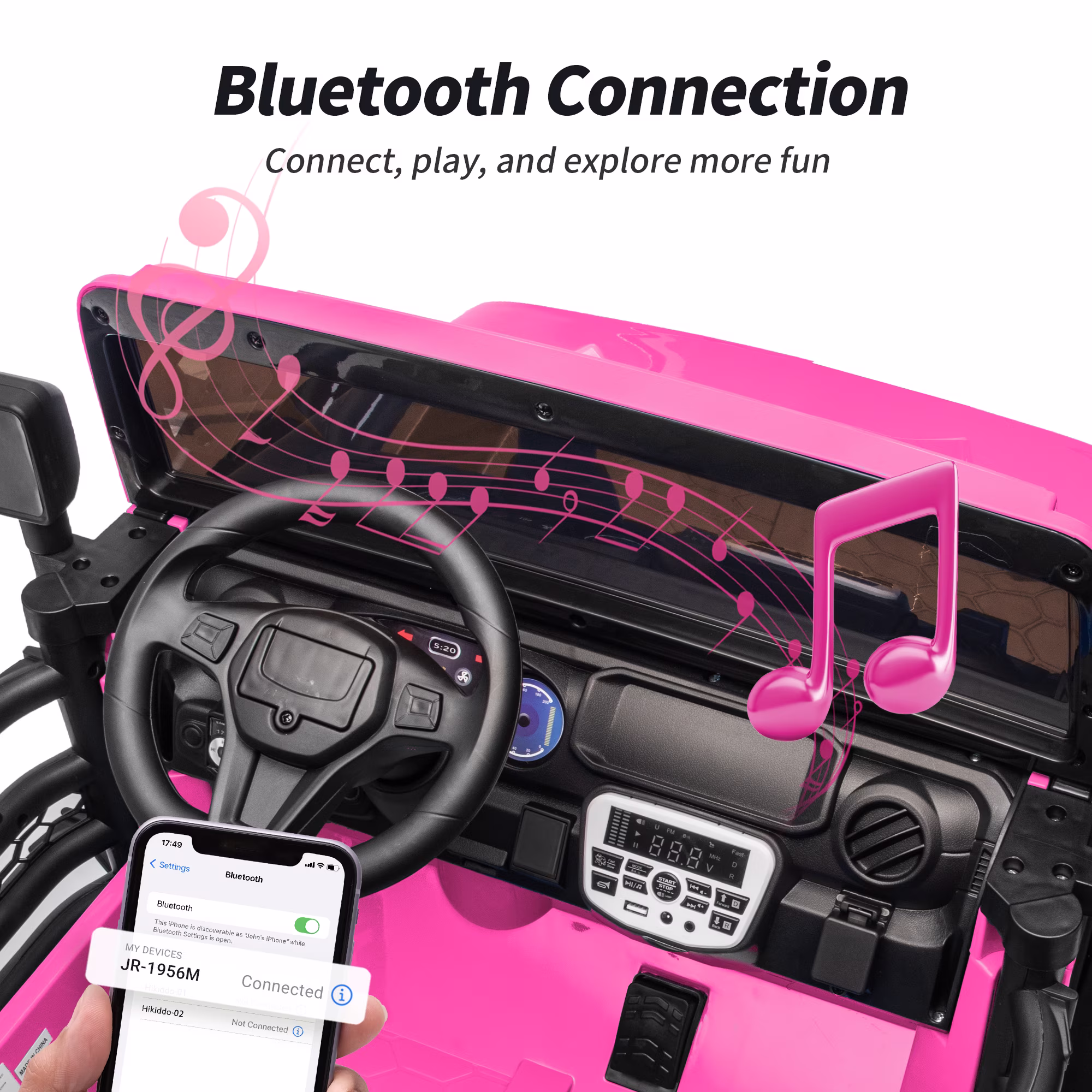 Hikiddo 2-Seater 24V Kids Ride-on-Car, 400W Electric Ride on Toy Car w/Remote, Bluetooth & LED Lights - Pink - Image 4