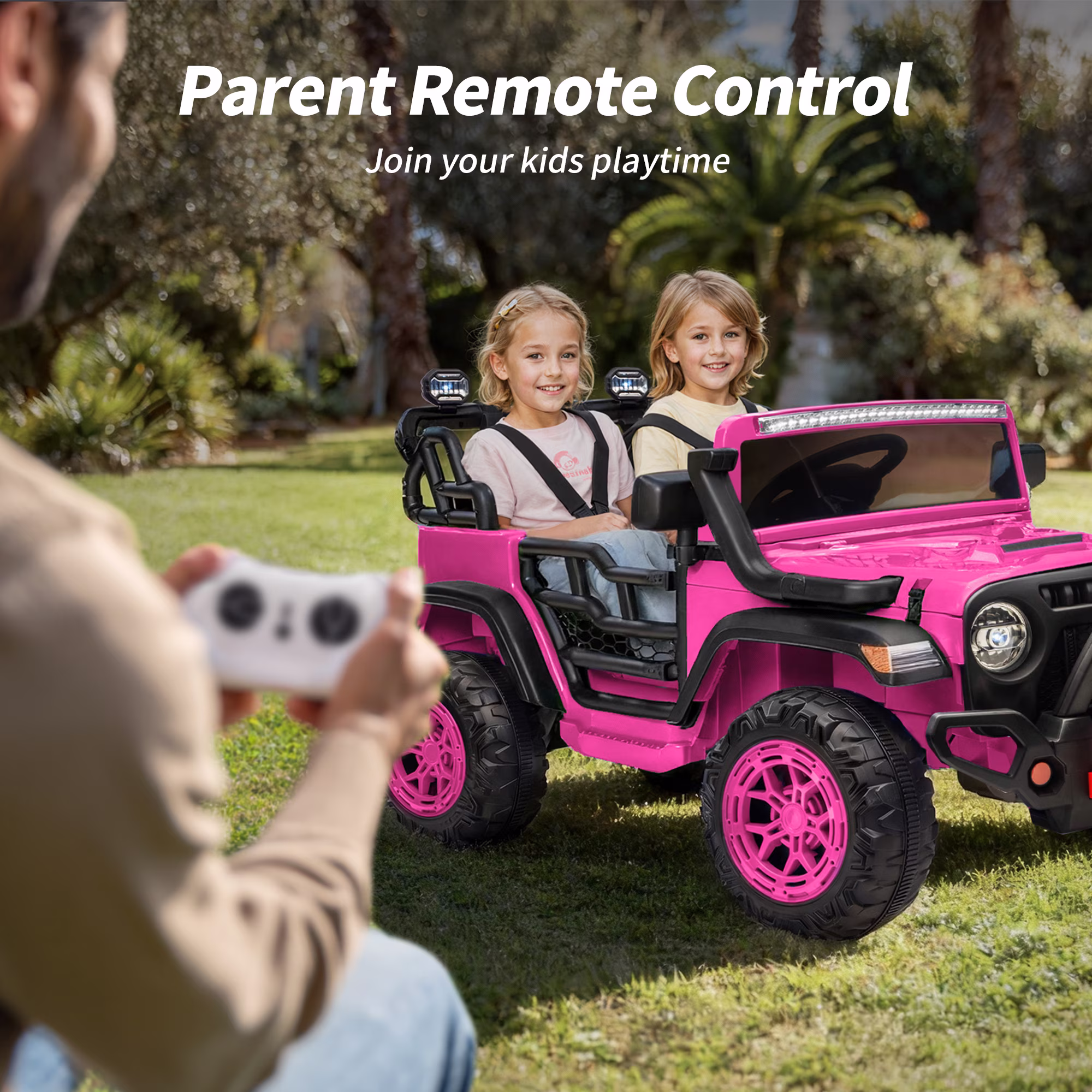 Hikiddo 2-Seater 24V Kids Ride-on-Car, 400W Electric Ride on Toy Car w/Remote, Bluetooth & LED Lights - Pink - Image 2