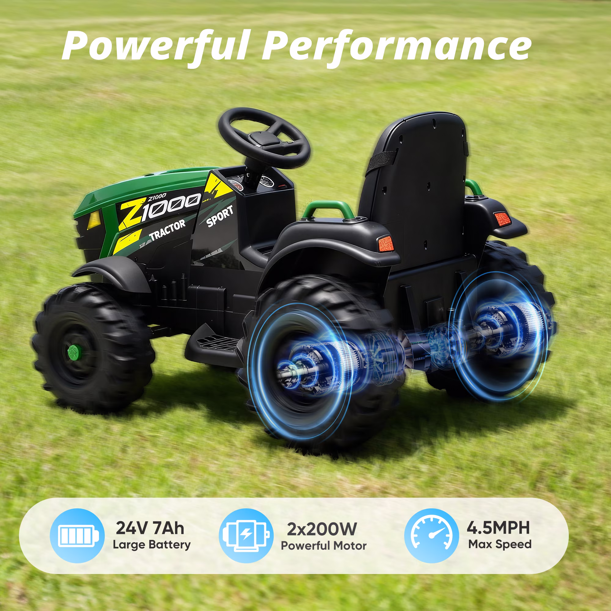 Hikiddo 24 Volt Ride on Toys, Kids Electric Ride On Tractor with Trailer - Green - Image 5