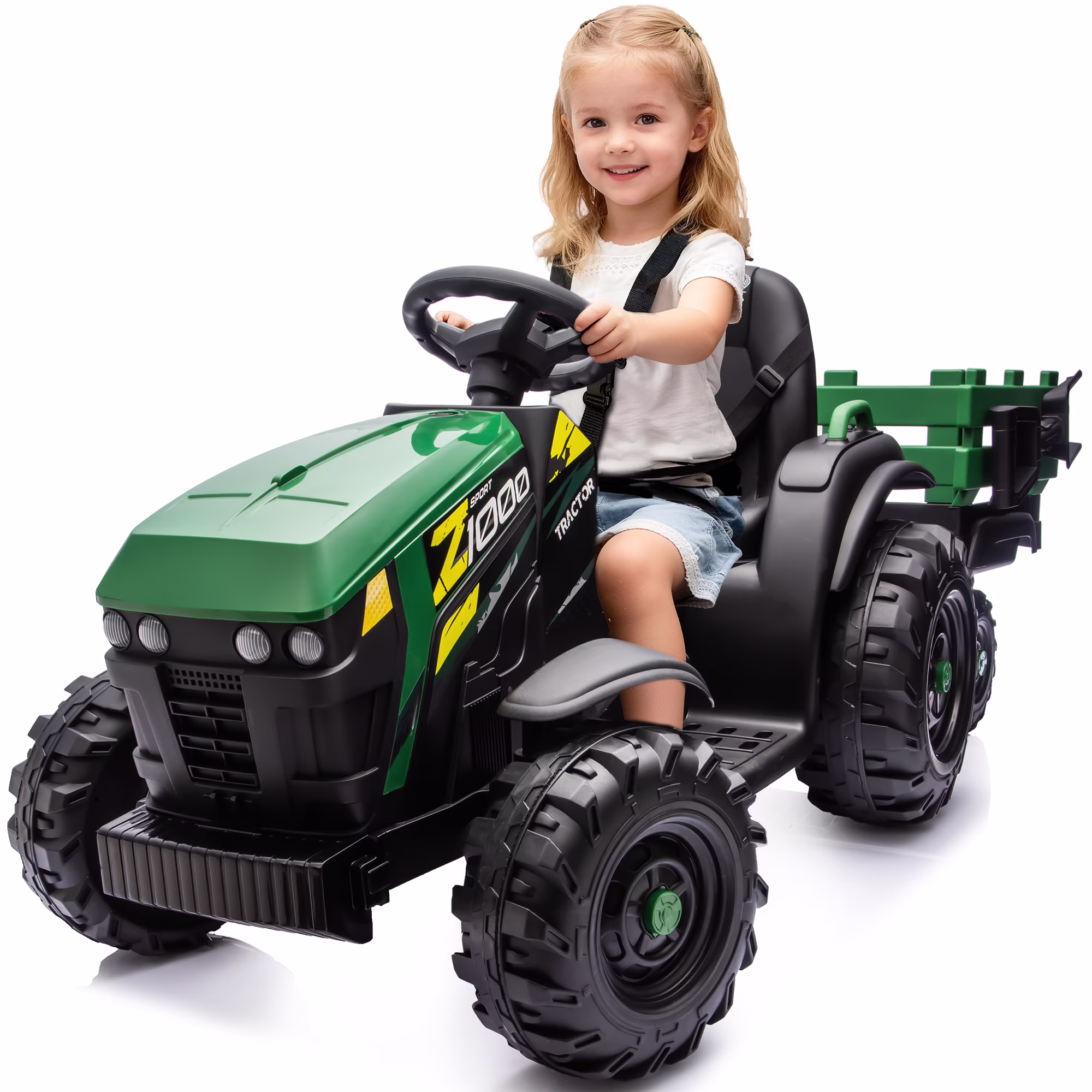 Hikiddo 24 Volt Ride on Toys, Kids Electric Ride On Tractor with Trailer - Green