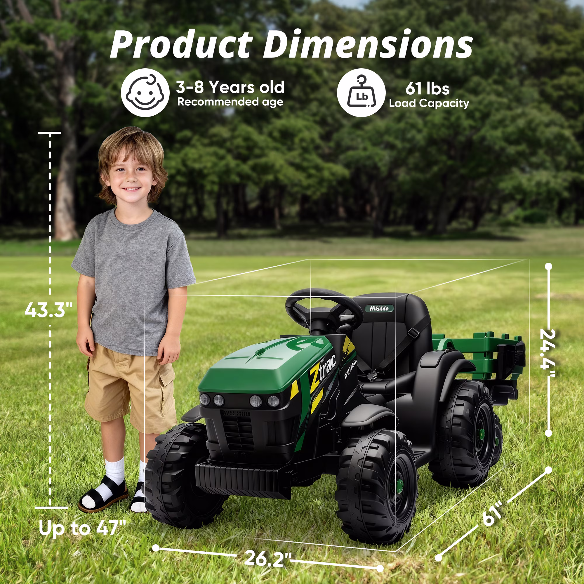 Hikiddo 24 Volt Ride on Toys, Kids Electric Ride On Tractor with Trailer - Green - Image 4