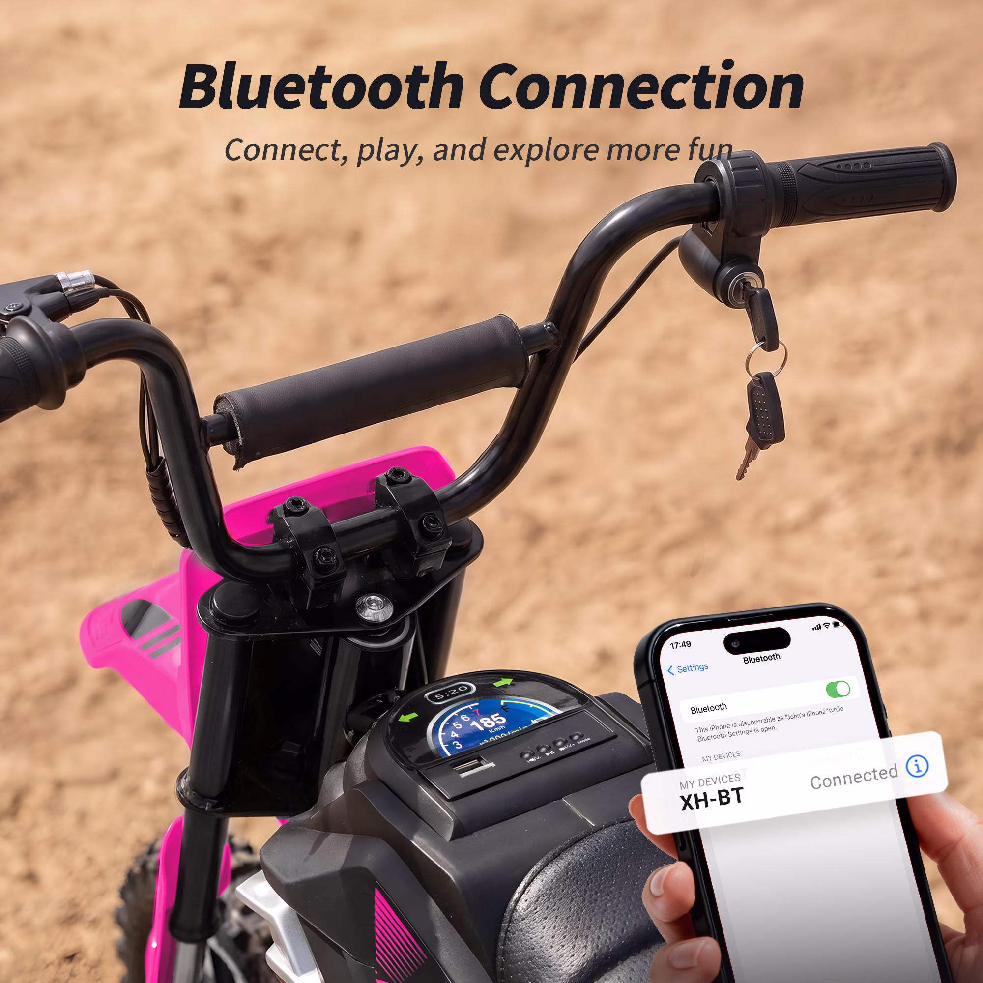 Hikiddo 24V Electric Dirt Bike, 250W Kids Ride on Toys for Kids 6-12, w/Rear Suspension and Bluetooth - Hot Pink - Image 2