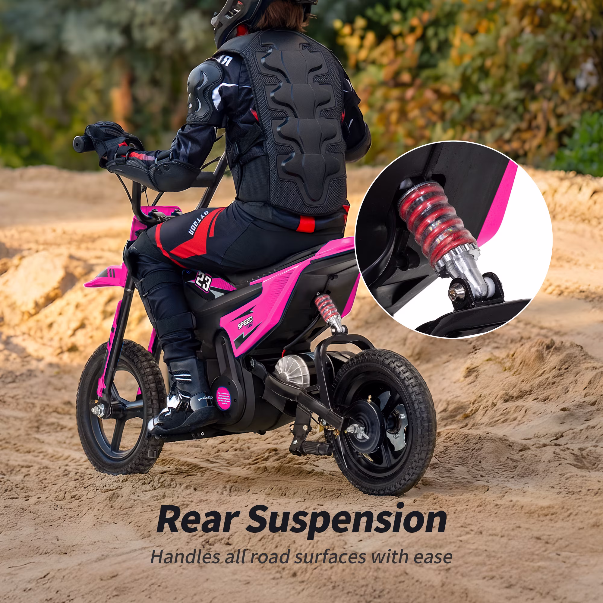 Hikiddo 24V Electric Dirt Bike, 250W Kids Ride on Toys for Kids 6-12, w/Rear Suspension and Bluetooth - Hot Pink - Image 5