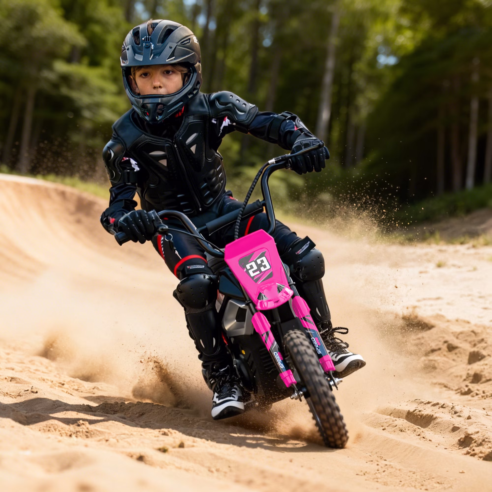 Hikiddo 24V Electric Dirt Bike, 250W Kids Ride on Toys for Kids 6-12, w/Rear Suspension and Bluetooth - Hot Pink - Image 3