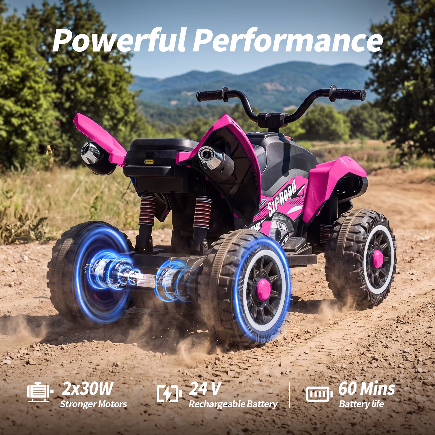 Hikiddo 24V Kids ATV, Spider Electric Four Wheeler Ride on ATV with 16" Extended Seat & Music Player - Hot Pink - Image 5