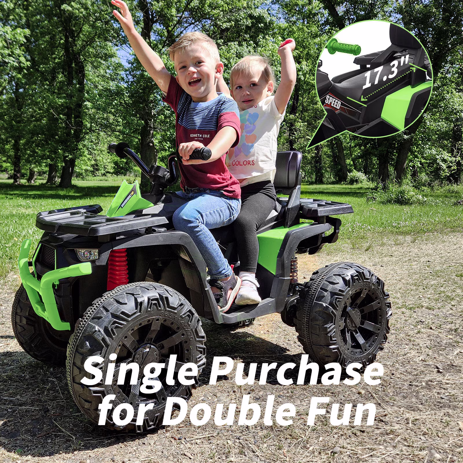 Hikiddo 24V Ride on Toys, Kids ATV 4-Wheeler for Big Kids with 2 Seater, 400W Motor, Bluetooth - Green - Image 4