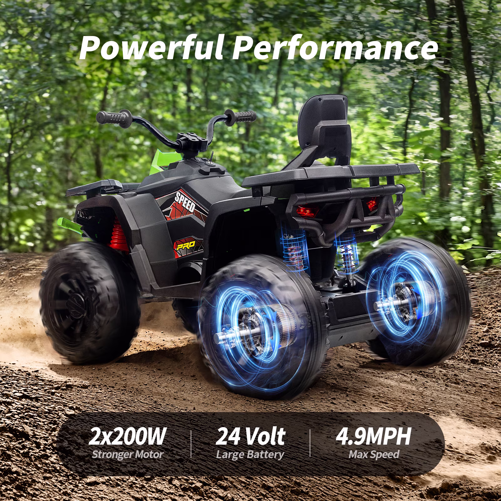 Hikiddo 24V Ride on Toys, Kids ATV 4-Wheeler for Big Kids with 2 Seater, 400W Motor, Bluetooth - Green - Image 5