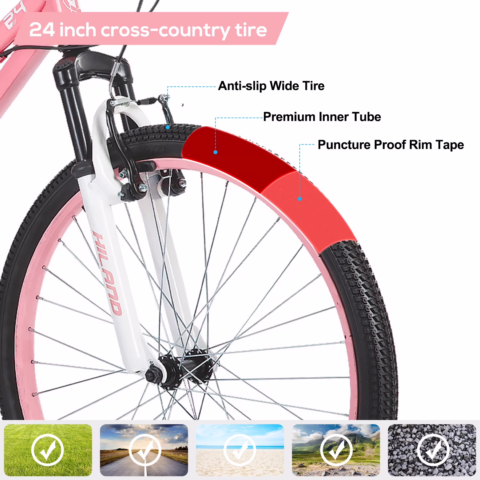Hiland 24 Inch Mountain Bike for Kids Age 7 + Year Old, Front Suspension Fork Kids' Bicycles for Teens,Pink - Image 2