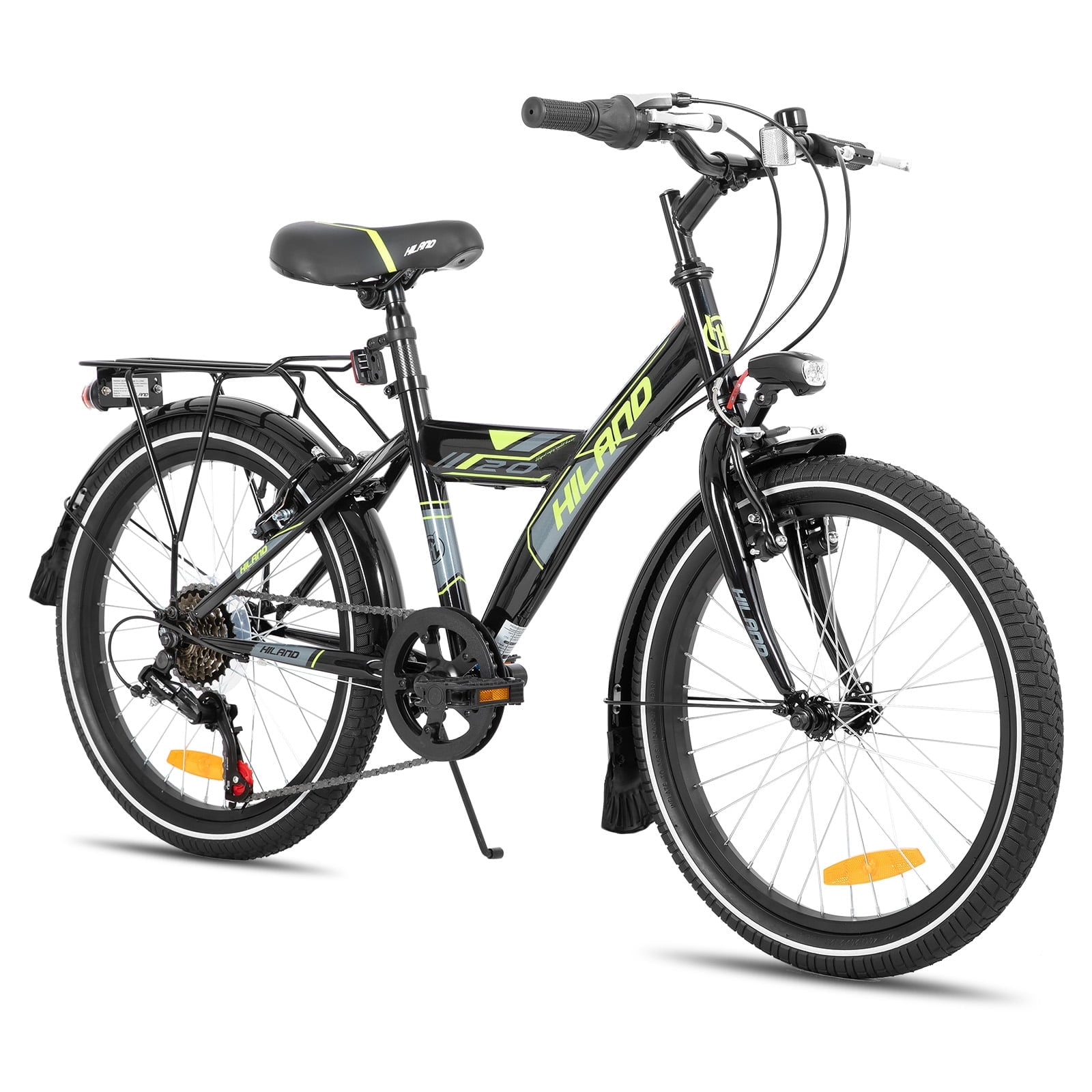 HILAND Sentry + 20-Inch Kids Bike for Boys Ages 5-12 Years, Children's Bike with 7-Speed Drivetrain, Rear Rack and Bell, Black
