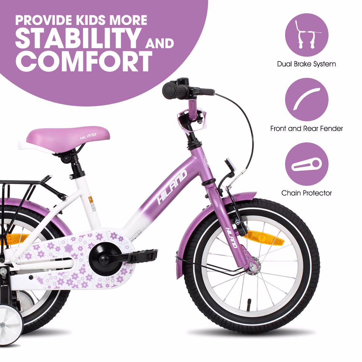 HILAND Starry 14-Inch Kids Bike for Boys & Girls, with Training Wheels, Bell and Rear Rack, Purple - Image 4