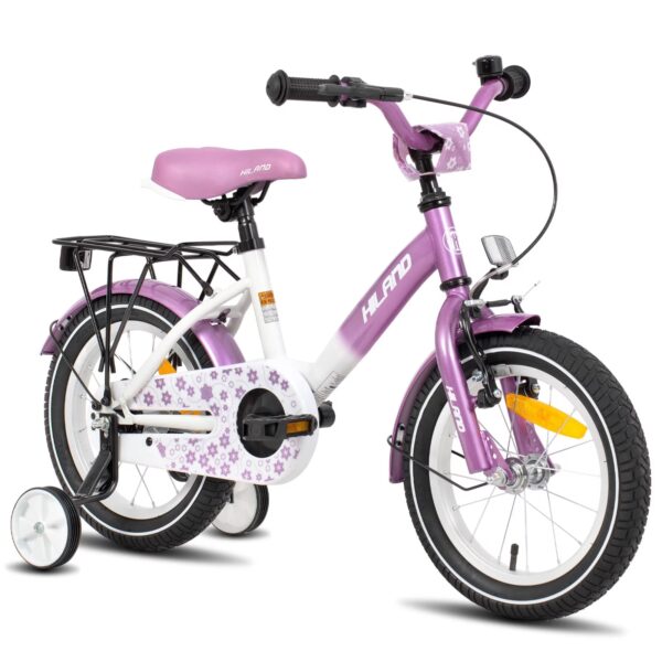 HILAND Starry 14-Inch Kids Bike for Boys & Girls, with Training Wheels, Bell and Rear Rack, Purple