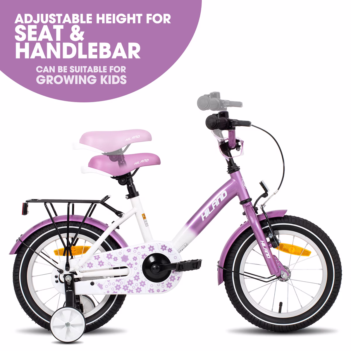 HILAND Starry 14-Inch Kids Bike for Boys & Girls, with Training Wheels, Bell and Rear Rack, Purple - Image 3