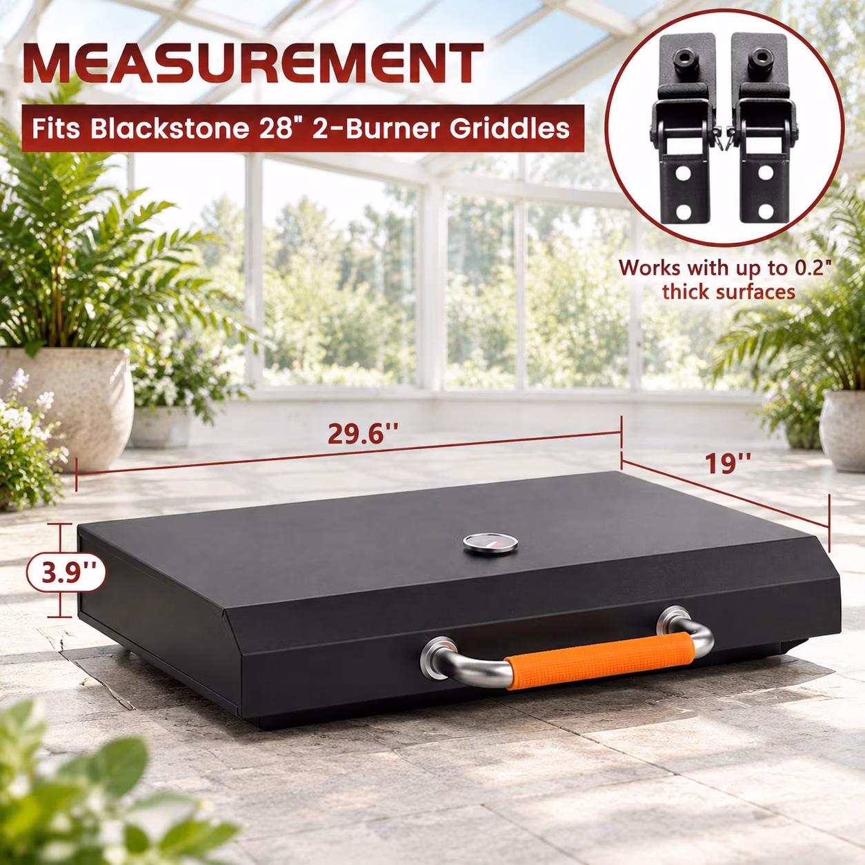 Hinged Lid for 28in Griddles, Hard Flat Top Grill Cover with Clamp-On Design and Heat Gauge - Image 5