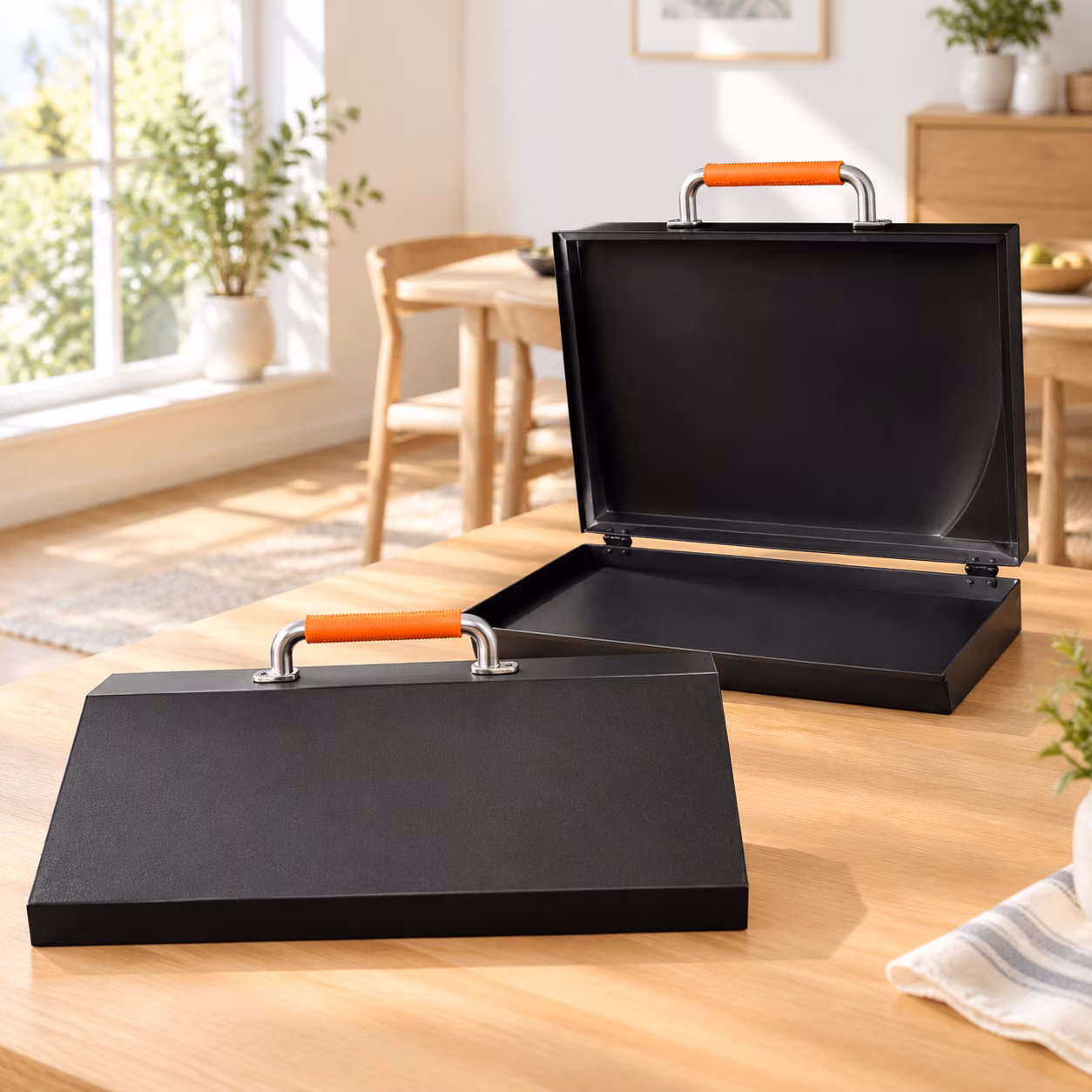 Hinged Lid for 28in Griddles, Hard Flat Top Grill Cover with Clamp-On Design and Heat Gauge - Image 2