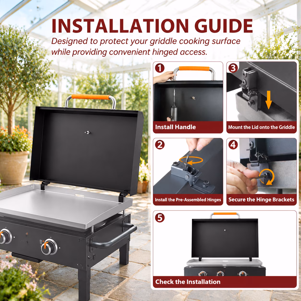 Hinged Lid for 28in Griddles, Hard Flat Top Grill Cover with Clamp-On Design and Heat Gauge - Image 3