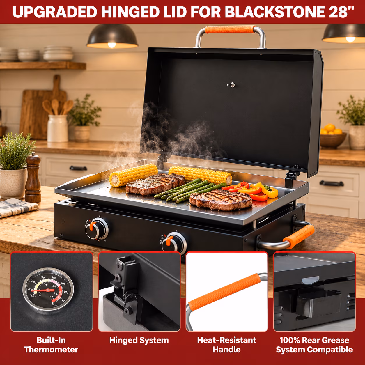 Hinged Lid for 28in Griddles, Hard Flat Top Grill Cover with Clamp-On Design and Heat Gauge - Image 4