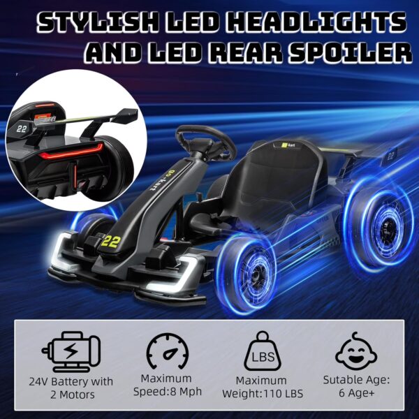 Historyli 24V Electric Go Kart,Powerful Drift Kart,Adjustable Seat,8mph Speed,Led Lights,Outdoor Riding Toy for Ages 6-15Y,Grey