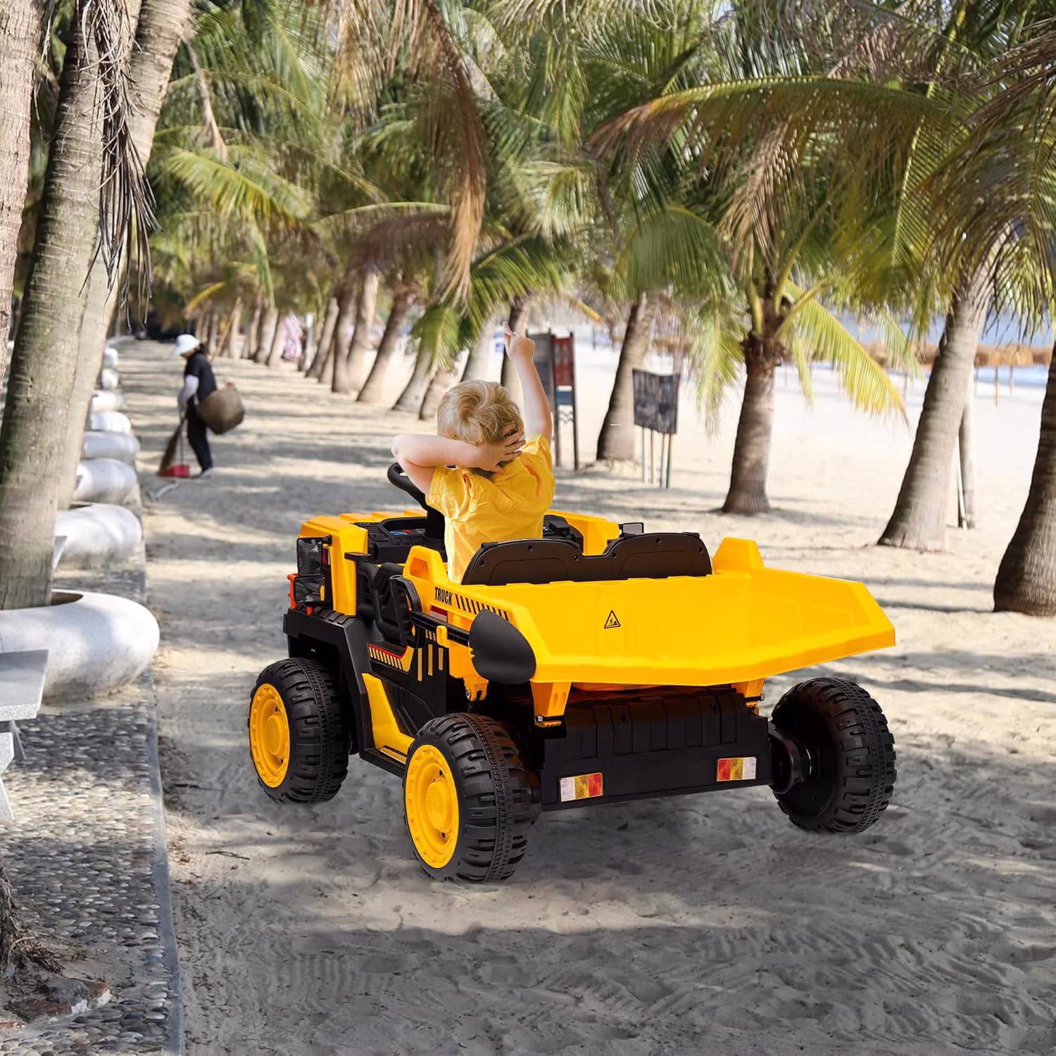 Historyli Ride On Dump Truck-24V 2 Seater Electric Car with R/C-2WD/4WD Powerful Motors,4.4 Mph,Electric Dump Bed & Shovel,EVA Tires,Music Player,Soft Start-Yellow - Image 4