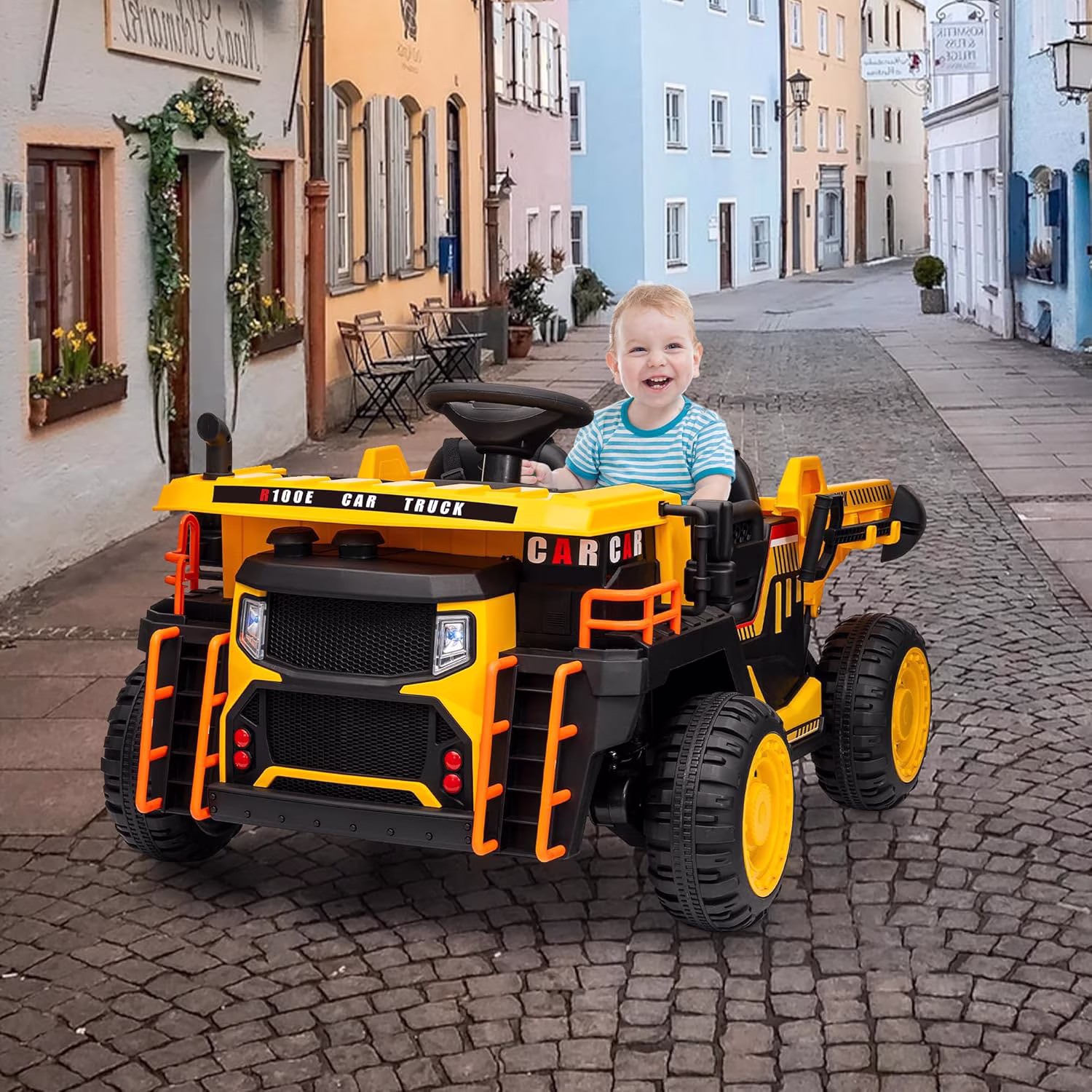 Historyli Ride On Dump Truck-24V 2 Seater Electric Car with R/C-2WD/4WD Powerful Motors,4.4 Mph,Electric Dump Bed & Shovel,EVA Tires,Music Player,Soft Start-Yellow - Image 2