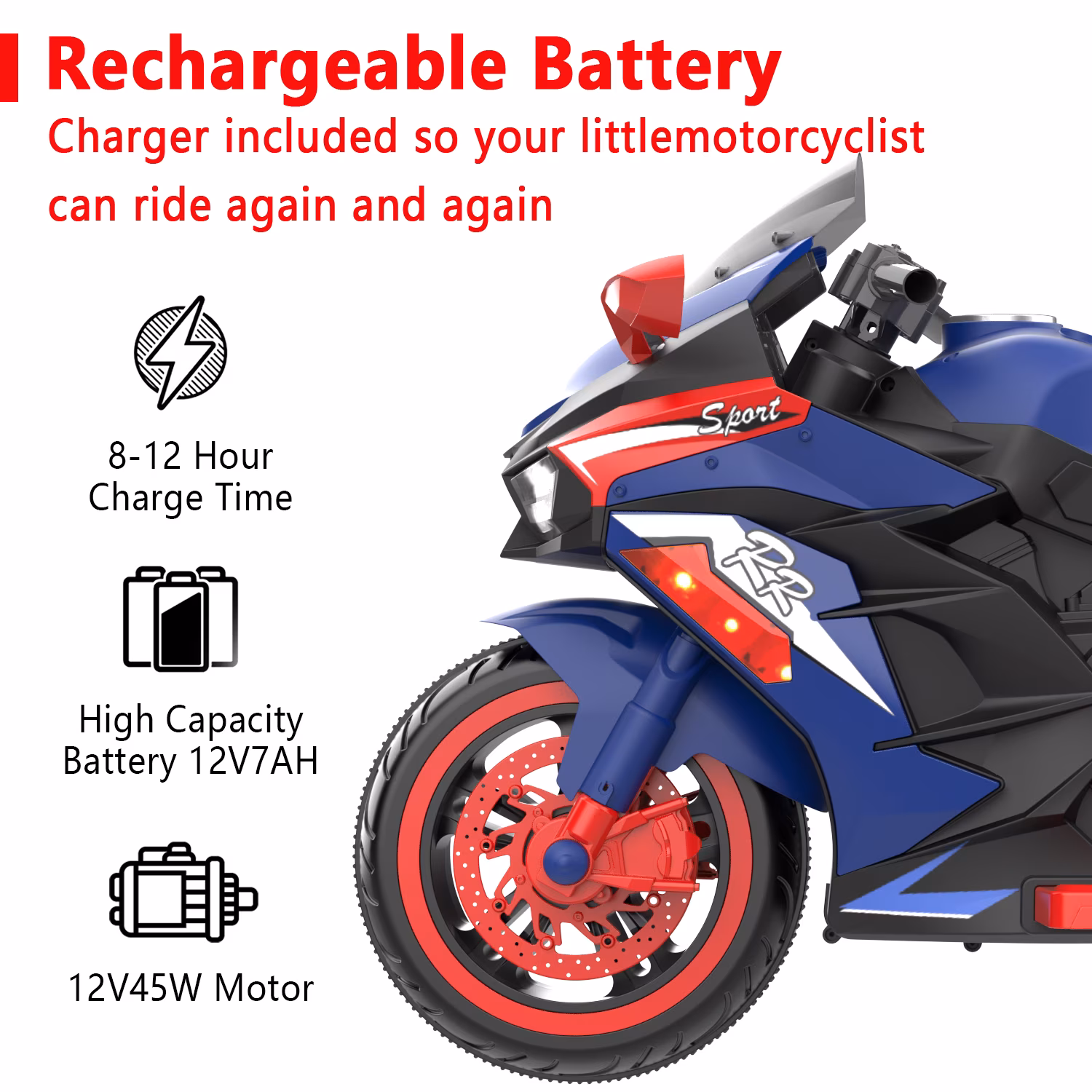 HNH 12V Ride on Motorcycle with Remote Control, Kids Electric Motorcycle with Music, Bluetooth, Lights - Image 4