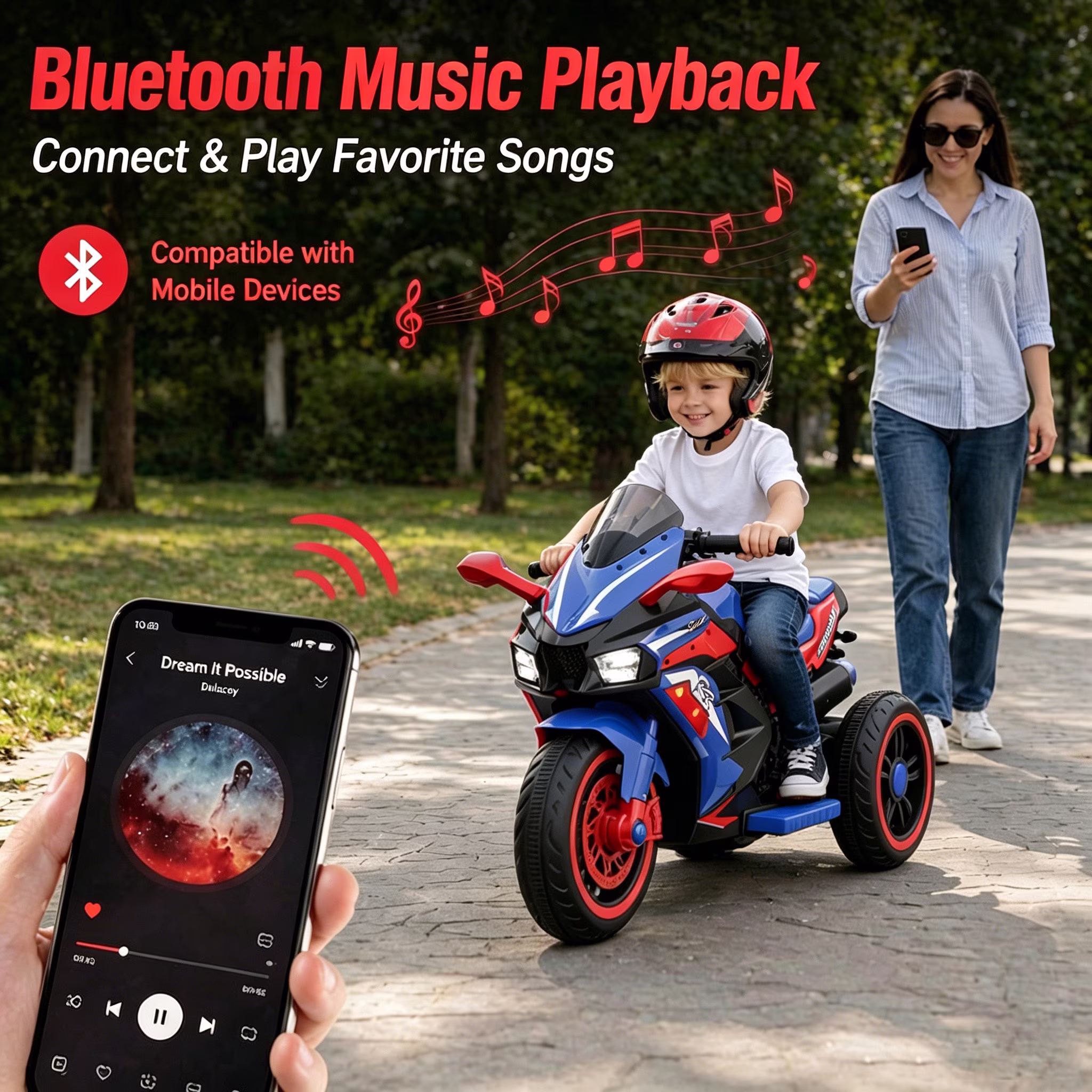 HNH Kids Motorcycle for Kids 3-6, 12V Battery Powered Bike Electric Motorbike with Remote Control, LED Lights, Bluetooth Music, Ride on Toys - Image 2