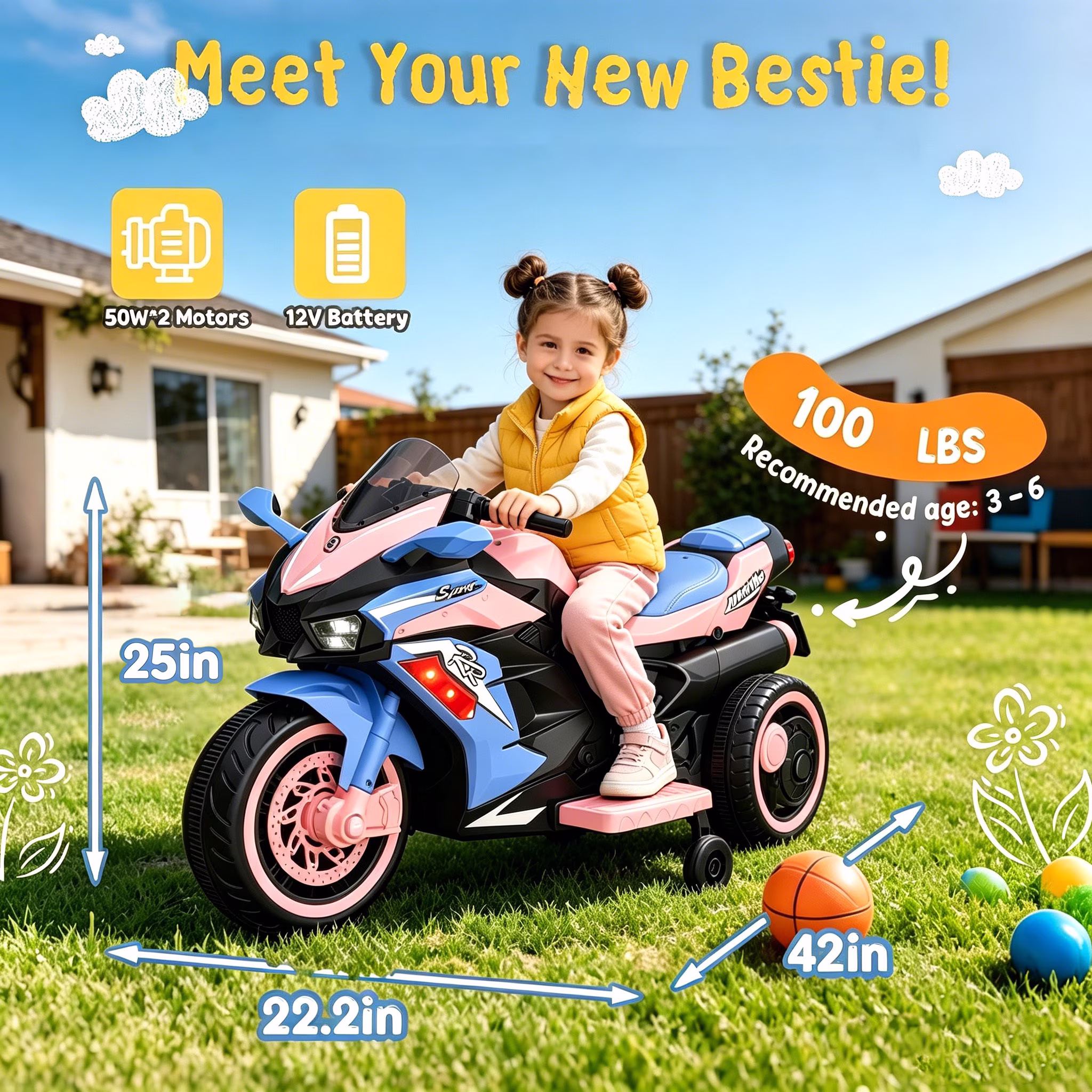 HNH Kids Motorcycle with Remote Control, 12V Pink Electric Motorcycle Ride on Toys for Toddler 3-6 Years Old - Image 2