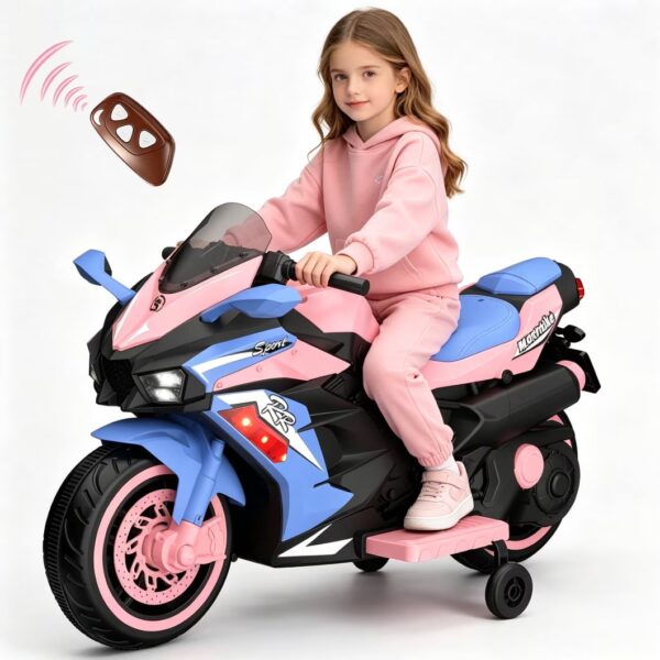 HNH Kids Motorcycle with Remote Control, 12V Pink Electric Motorcycle Ride on Toys for Toddler 3-6 Years Old