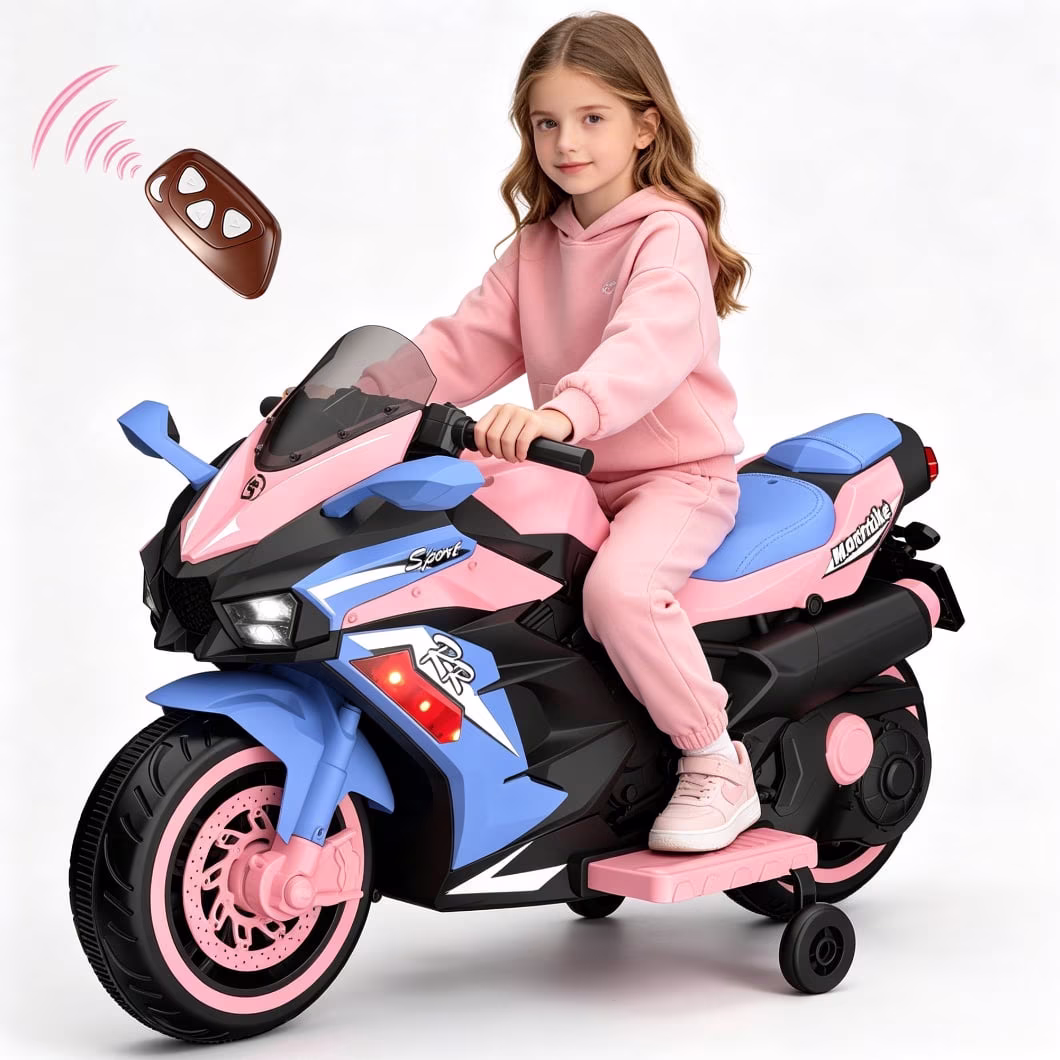 HNH Kids Motorcycle with Remote Control, 12V Pink Electric Motorcycle Ride on Toys for Toddler 3-6 Years Old