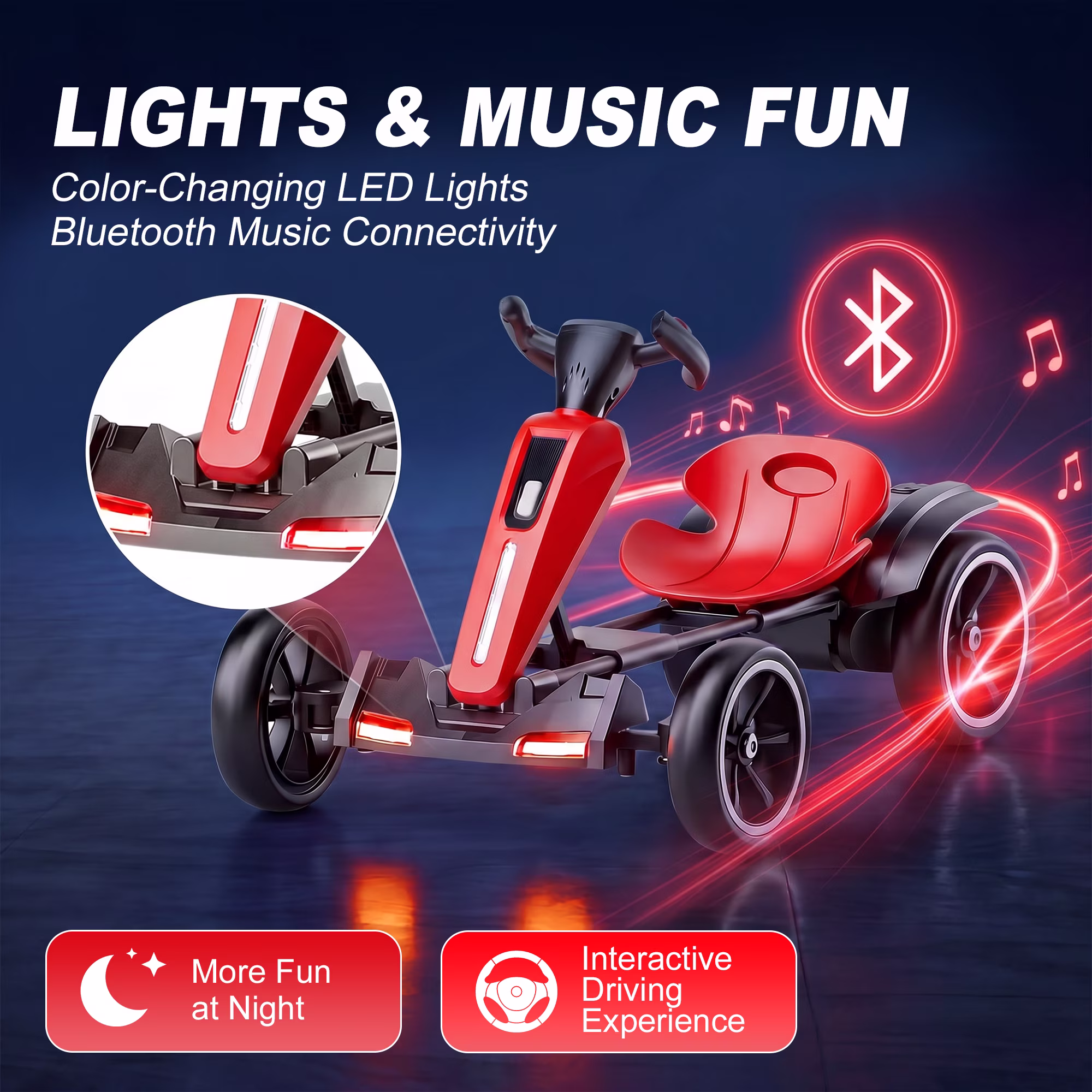 Holaki 12V Electric Go Kart for Kids, Battery Powered Ride on Toy with Adjustable Seat, Music, LED Lights, EVA Wheels & Forward/Reverse Driving, Red, Ages 3 - Image 3