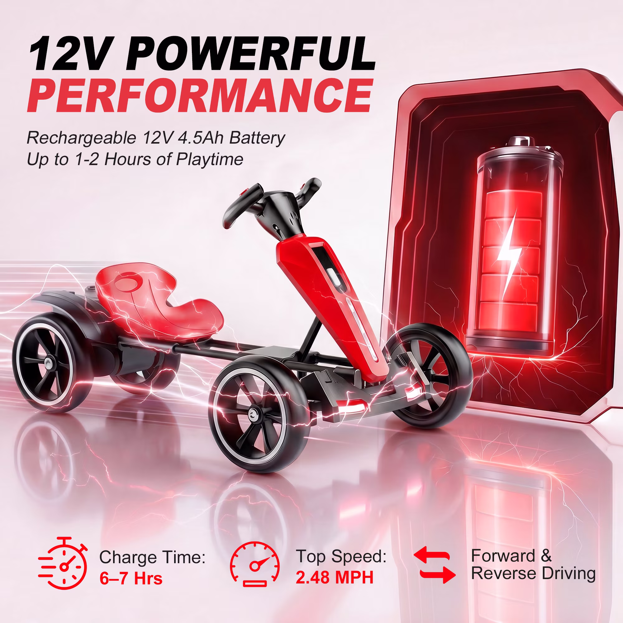 Holaki 12V Electric Go Kart for Kids, Battery Powered Ride on Toy with Adjustable Seat, Music, LED Lights, EVA Wheels & Forward/Reverse Driving, Red, Ages 3 - Image 2