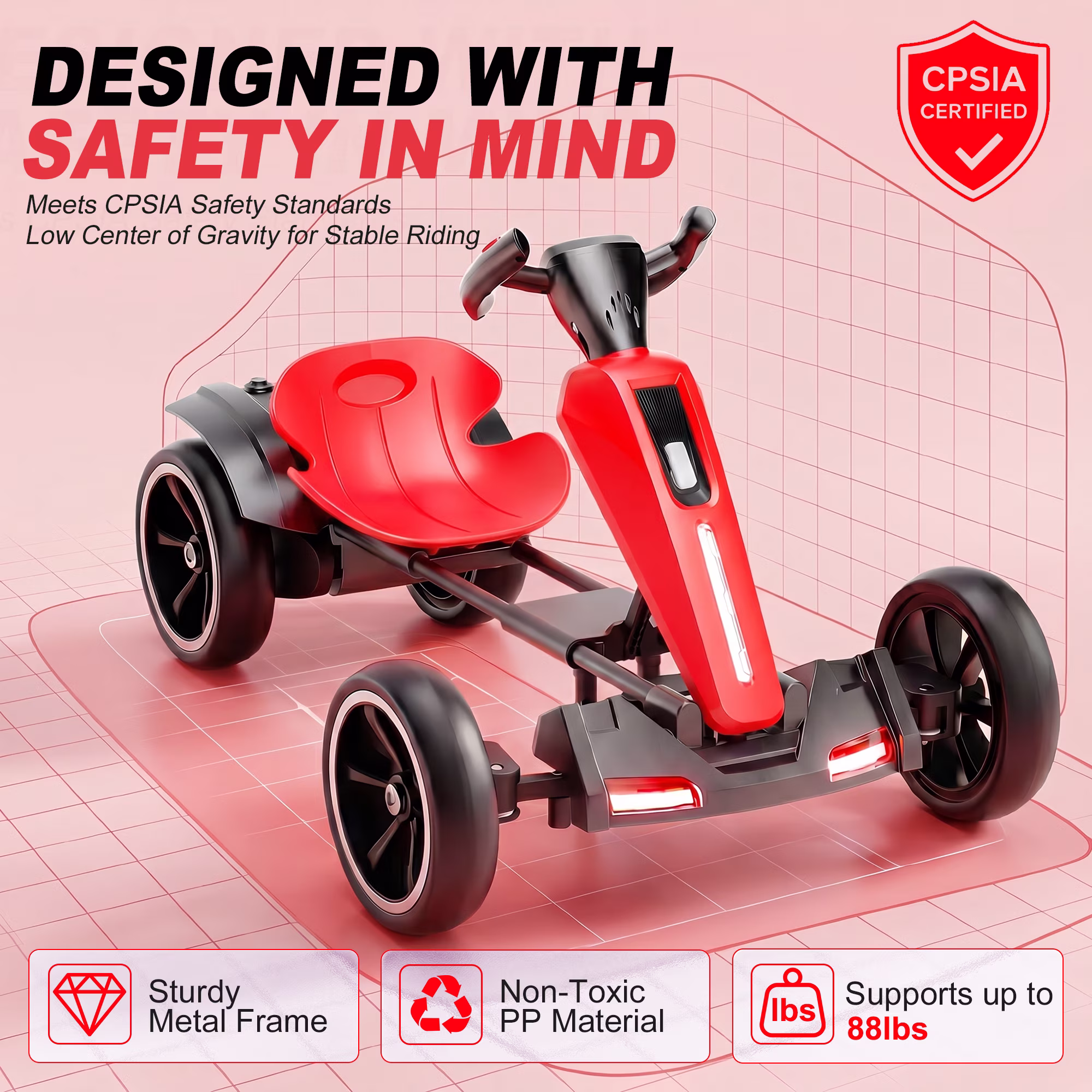 Holaki 12V Electric Go Kart for Kids, Battery Powered Ride on Toy with Adjustable Seat, Music, LED Lights, EVA Wheels & Forward/Reverse Driving, Red, Ages 3 - Image 4