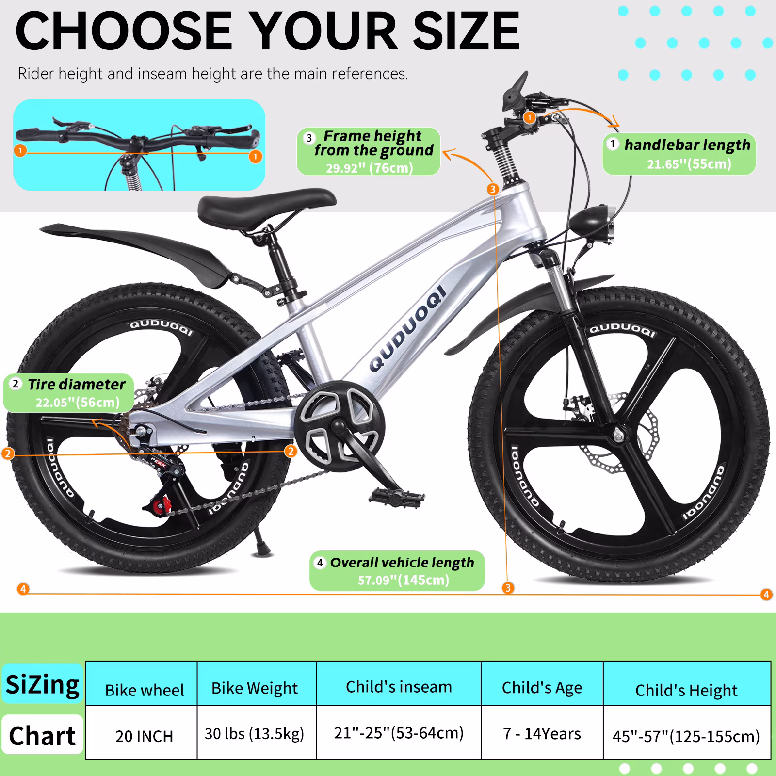 Holaki 20" Mountain Bike for Kids, 7-Speeds Magnesium Alloy Mountain Bicycle w/ LED Headlights, Disc Brakes & Anti-skid Tire for 7-14 Years Old, Silver - Image 2