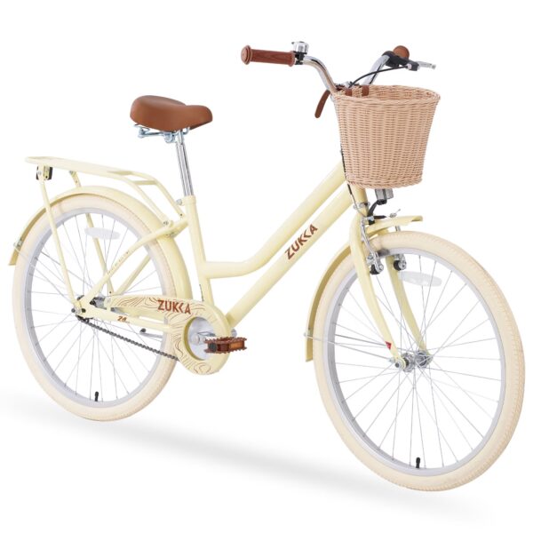 Holaki 24" Kids Bike with Front V brake and Rear Coaster brakes for 8-13 Years Old Girls, Steel Frame Beach Cruiser Bike with Front Basket & Rack, Bicycle Bell, Commuter Bicycle, Yellow