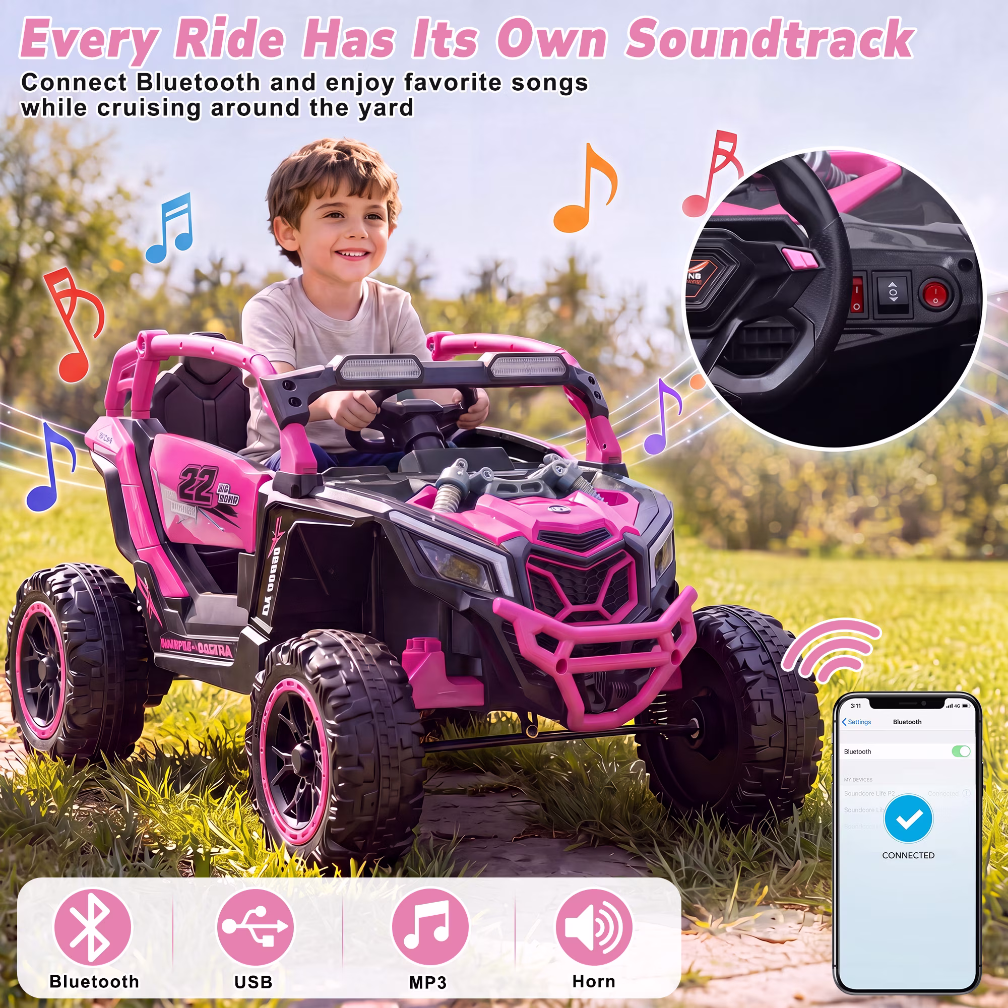 Holaki 24V Kids Ride On UTV, 120Wh Battery, Dual 380W Motors, Top Speed 4.97 MPH, Ages 3-6, Remote Control, Bluetooth, LED Lights, Pink - Image 3
