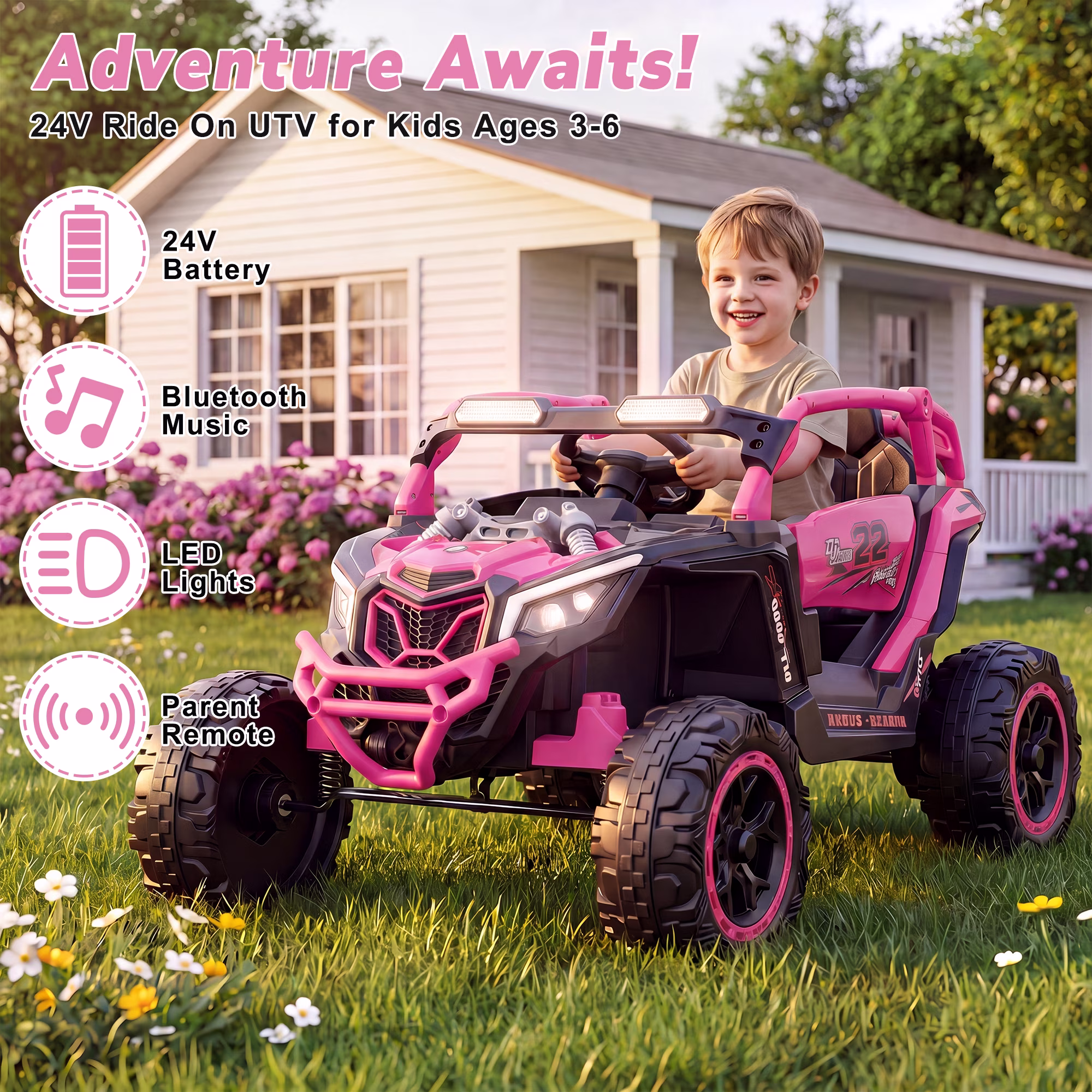 Holaki 24V Kids Ride On UTV, 120Wh Battery, Dual 380W Motors, Top Speed 4.97 MPH, Ages 3-6, Remote Control, Bluetooth, LED Lights, Pink - Image 2