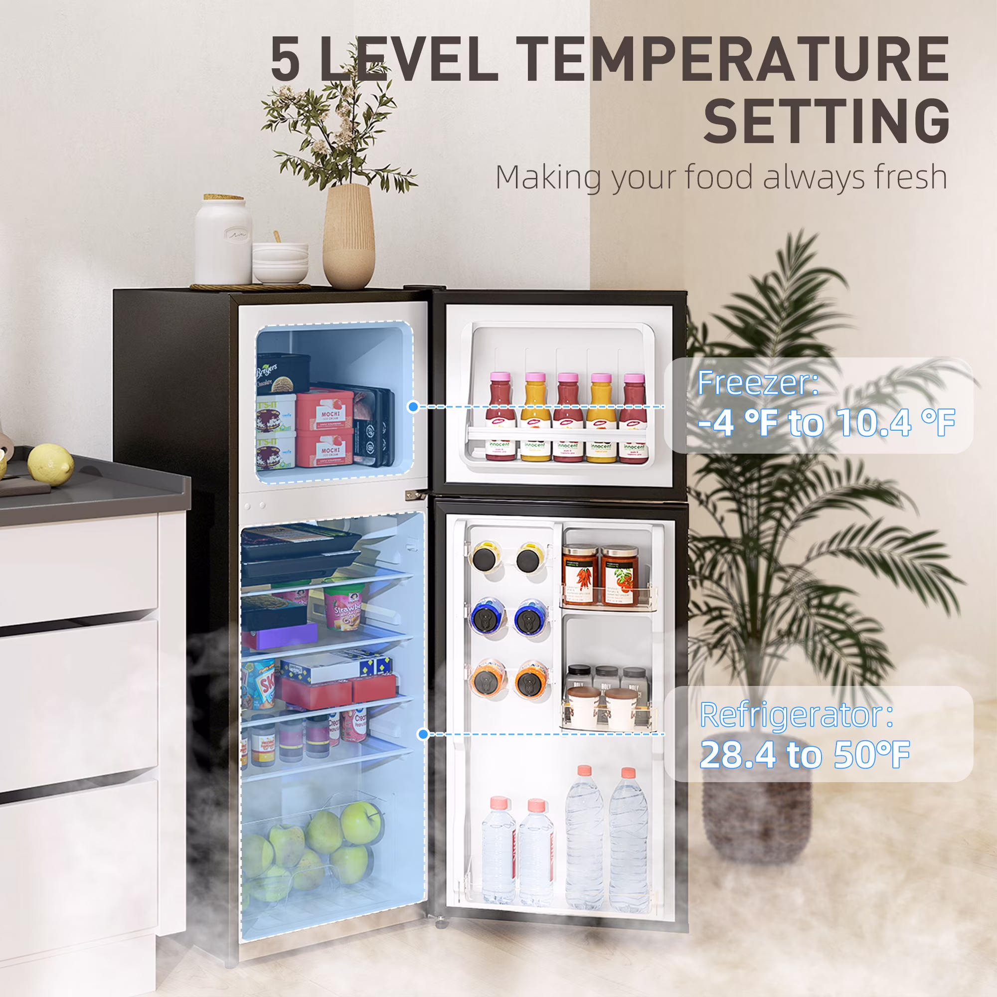 HOMCOM Small Fridge with Freezer, 4 Cu Ft Refrigerator with Shelves, Black - Image 4