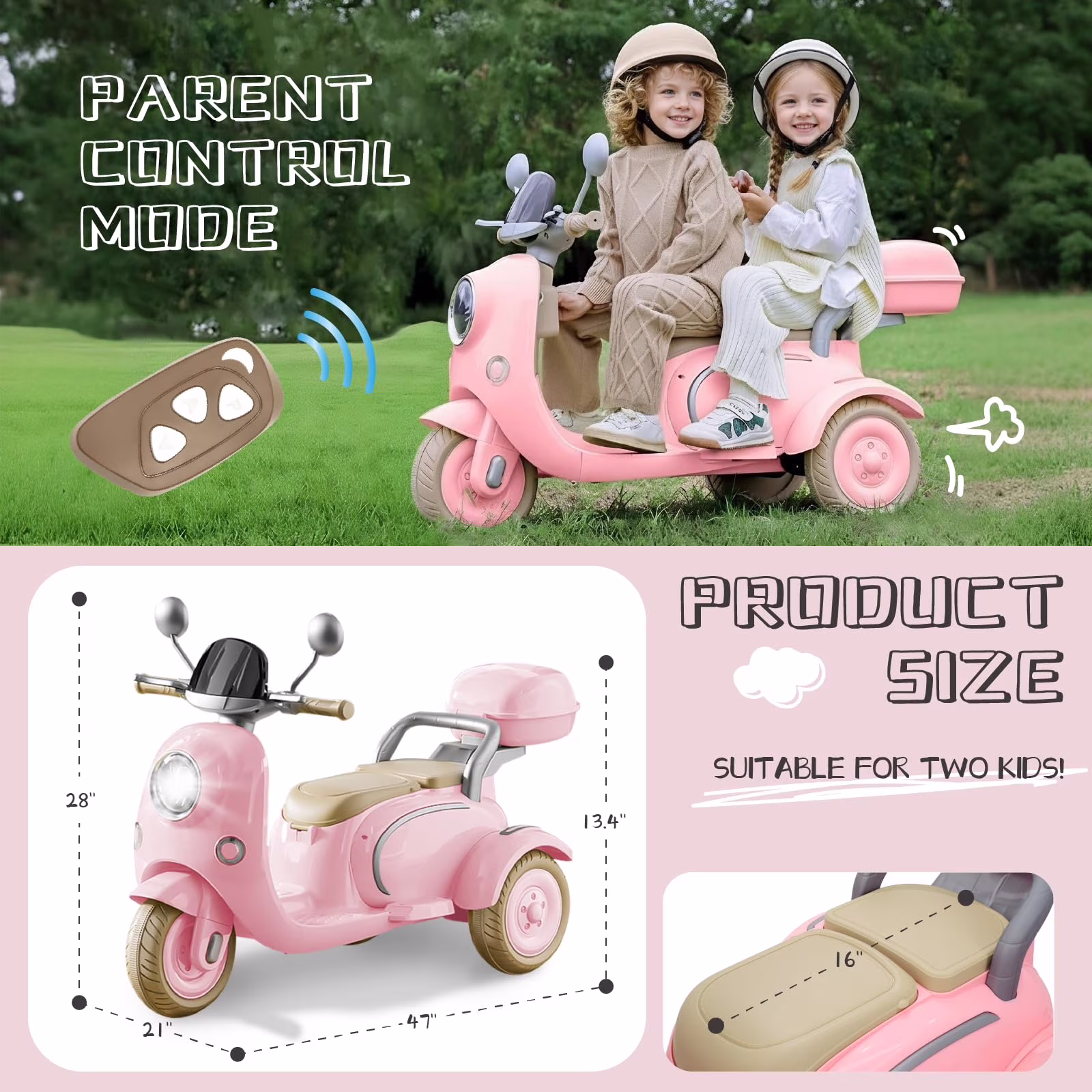 HomePerch 12V Kids Ride On Electric Motorcycle for Girls, 3-Wheel Toddler Motorbike with Bluetooth MP3 Music, Battery Powered Ride On Toy with LED Lights, for Kids Ages 3-6, Pink - Image 5