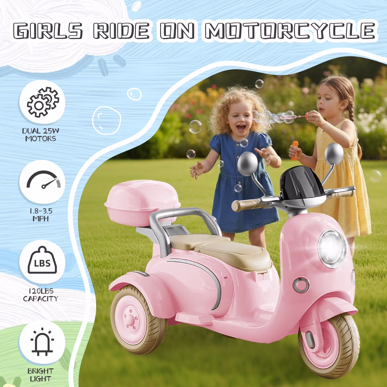HomePerch 12V Kids Ride On Electric Motorcycle for Girls, 3-Wheel Toddler Motorbike with Bluetooth MP3 Music, Battery Powered Ride On Toy with LED Lights, for Kids Ages 3-6, Pink - Image 3