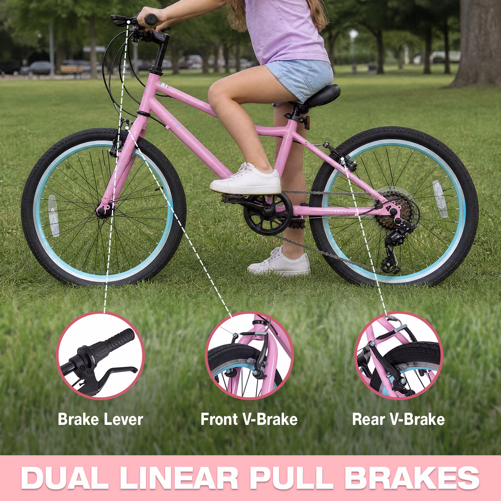 Hykolity 20-in Kid Mountain Bike 7 Speed Bicycles for Kids Bikes MTB Children Ages 8-13 Tween Fits Riders 48-60 Adjustable Seat Dual Brake Outdoor Cycling, Pink - Image 2